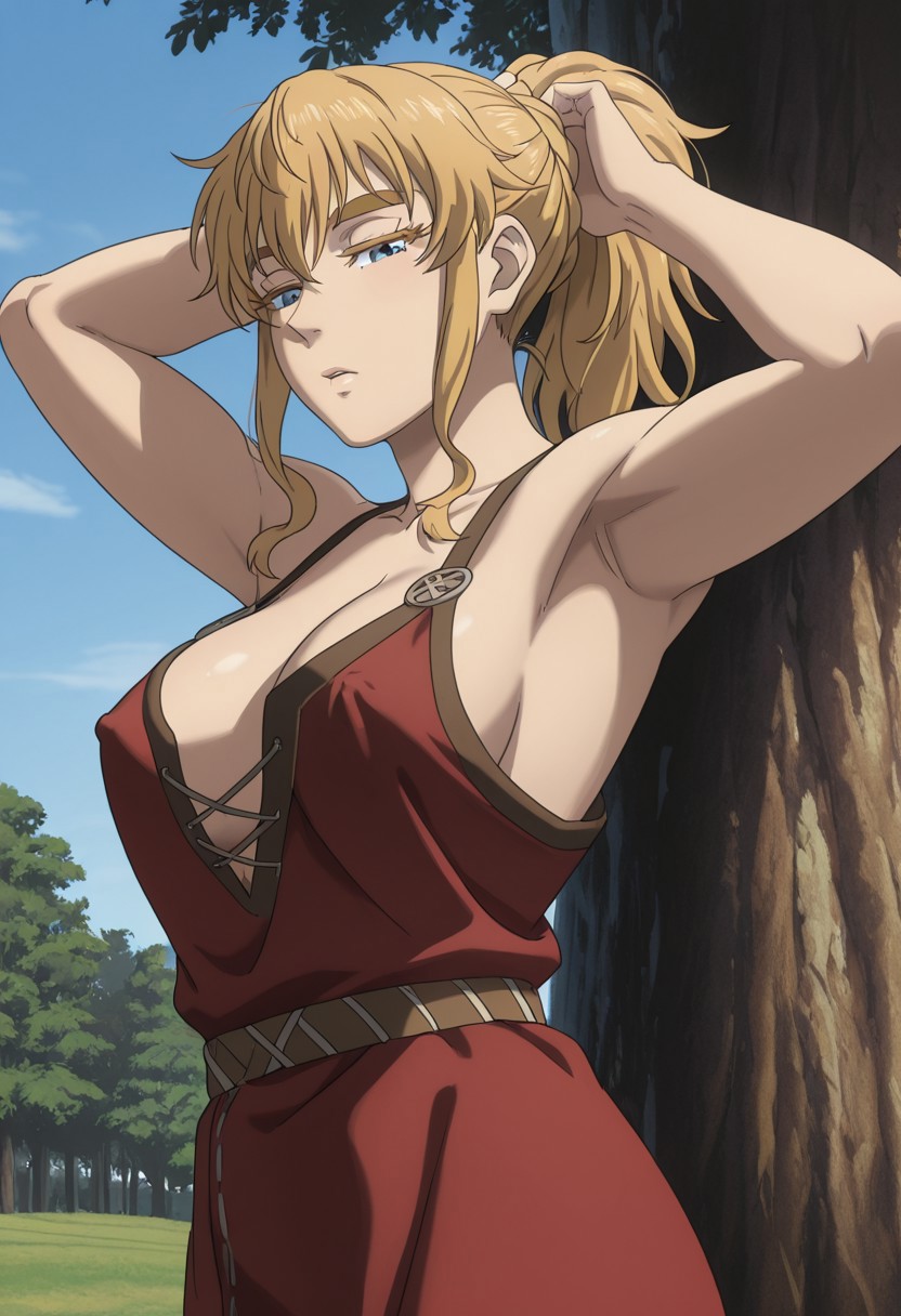 ai_generated apron armpits arms_up big_breasts blonde_female blonde_hair blonde_hair_female blue_eyes breasts female female_focus female_only half-dressed hands_behind_head large_breasts light-skinned_female looking_at_viewer messy_hair nature_background norse_woman outdoors pale-skinned_female ponytail seductive seductive_look seductive_pose solo_female solo_focus stable_diffusion viking_female vinland_saga ylva_(vinland_saga)