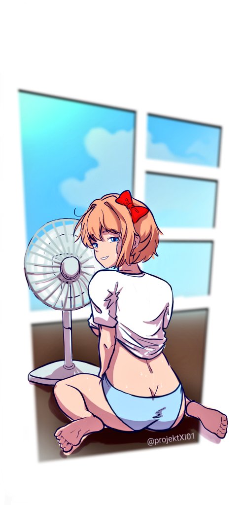 1girls, blue eyes, blue panties, bow, bow in hair, doki doki literature club, fan, female, hot, kneeling, lifting shirt, light skin, light-skinned female, looking over shoulder, orange hair, panties, projektxi01, sayori (doki doki literature club), sweat