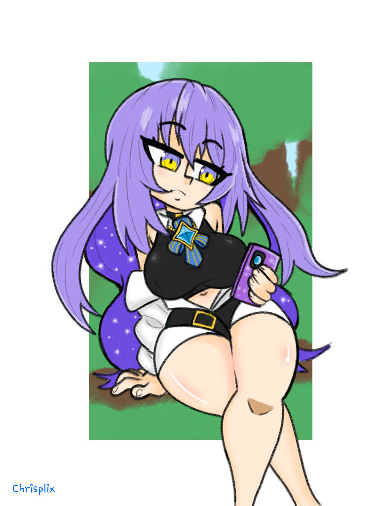 cellphone chrisplix female hololive hololive_indonesia hololive_indonesia_area_15 moona_hoshinova purple_hair thick_thighs virtual_youtuber