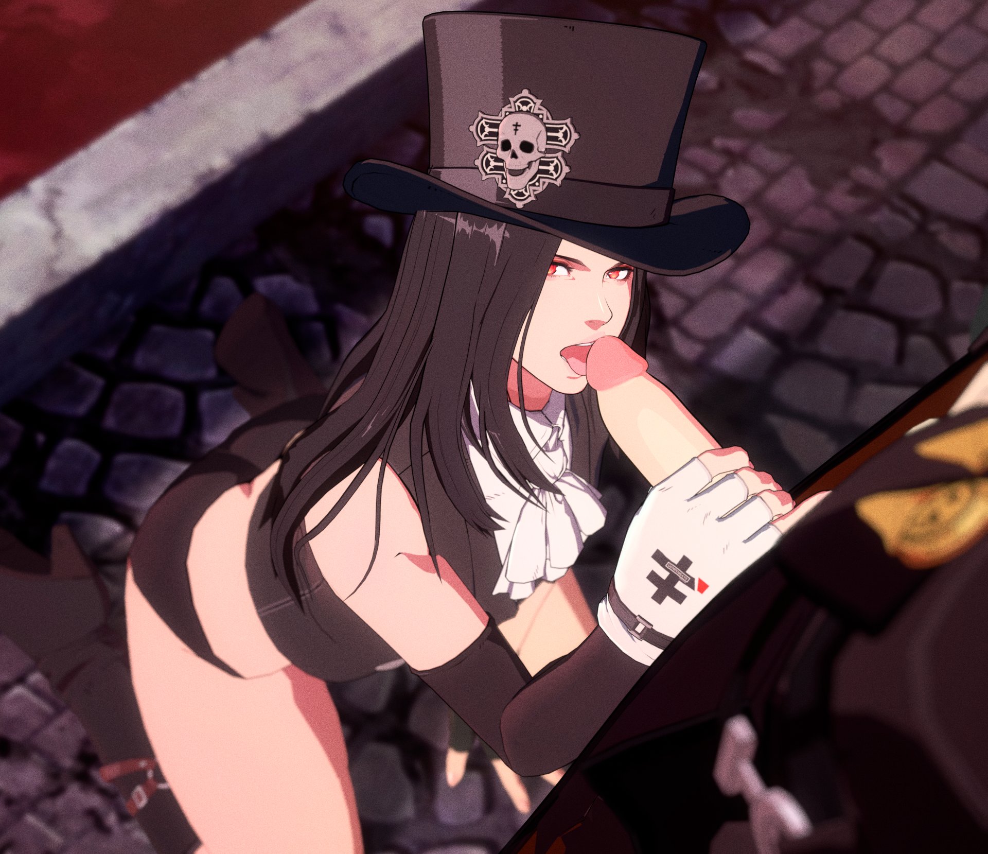 1boy, 1other, 3d, 3d (artwork), androgynous, arc system works, ass, blowjob, emo, fellatio, goth, guilty gear, guilty gear strive, johnny (guilty gear), kneeling, licking, licking penis, long hair, male, moragear, moragearliquid, nonbinary, panties, penis, seductive, testament (guilty gear), thick thighs