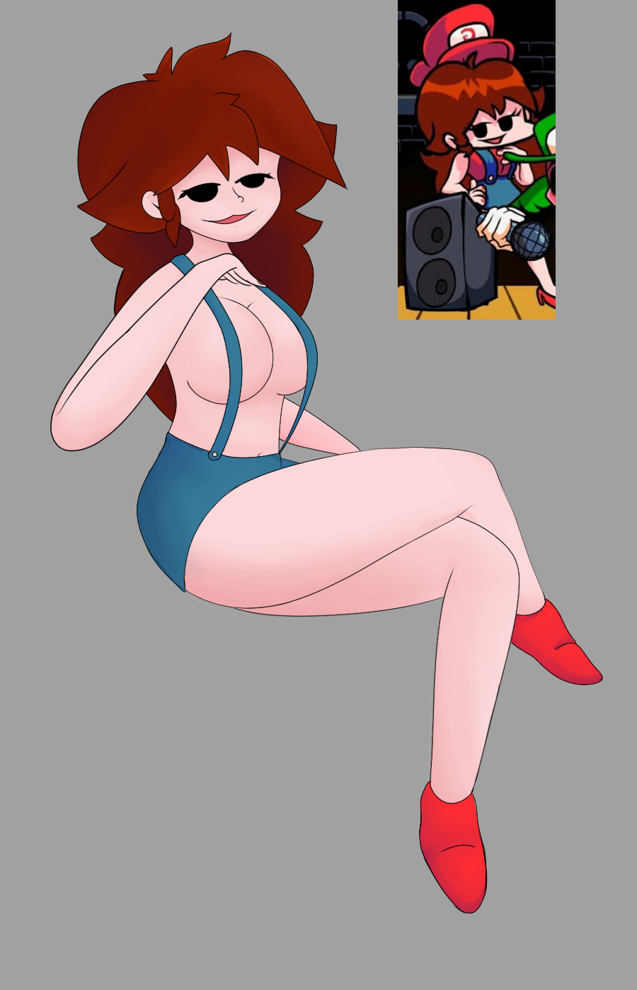 1girls :3 artist_request auburn_hair black_eyes breasts cosplay crossed_legs female female_only fnf_mods friday_night_funkin girlfriend_(friday_night_funkin) heels high_heels mario_(cosplay) mario_(series) mario_girlfriend_(fnf) mario_hat marios_madness no_bra no_bra_under_clothes red_heels reference_image shirtless solo solo_female super_mario_world tagme visible_breasts visible_nipples