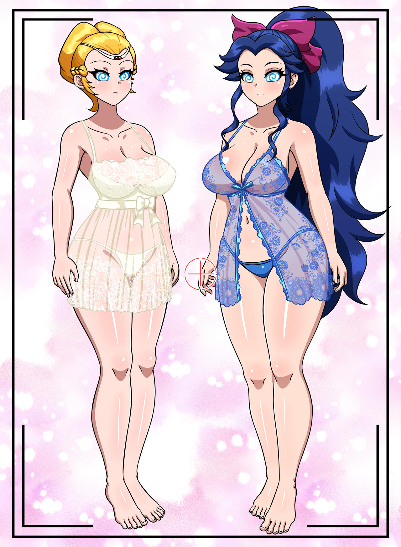 2girls babydoll blonde_hair blue_hair crossover hairbow huge_breasts hypnosis lingerie long_hair megumi_oka mind_control negligee panties princess_allura short_hair spiral_eyes voltron volts_v voluptuous yensh