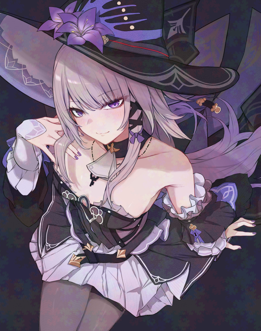 1girls, absurd res, accurate body type, beautiful, beauty, black hat, black sleeves, breasts, choker, cleavage, collarbone, cute breasts, detached sleeves, dress, female, flower, hair ornament, herta (honkai: star rail), highres, honkai (series), honkai: star rail, key, long hair, looking at viewer, looking up, mashicono, mature female, necklace, pantyhose, peerless gem, purple eyes, purple flower, purple nails, scientist, simple background, sitting, sleeves, small breasts, smile, solo, strapless, teasing, the herta (honkai: star rail), thighhighs, thighs, viewed from above, witch, witch costume, witch hat