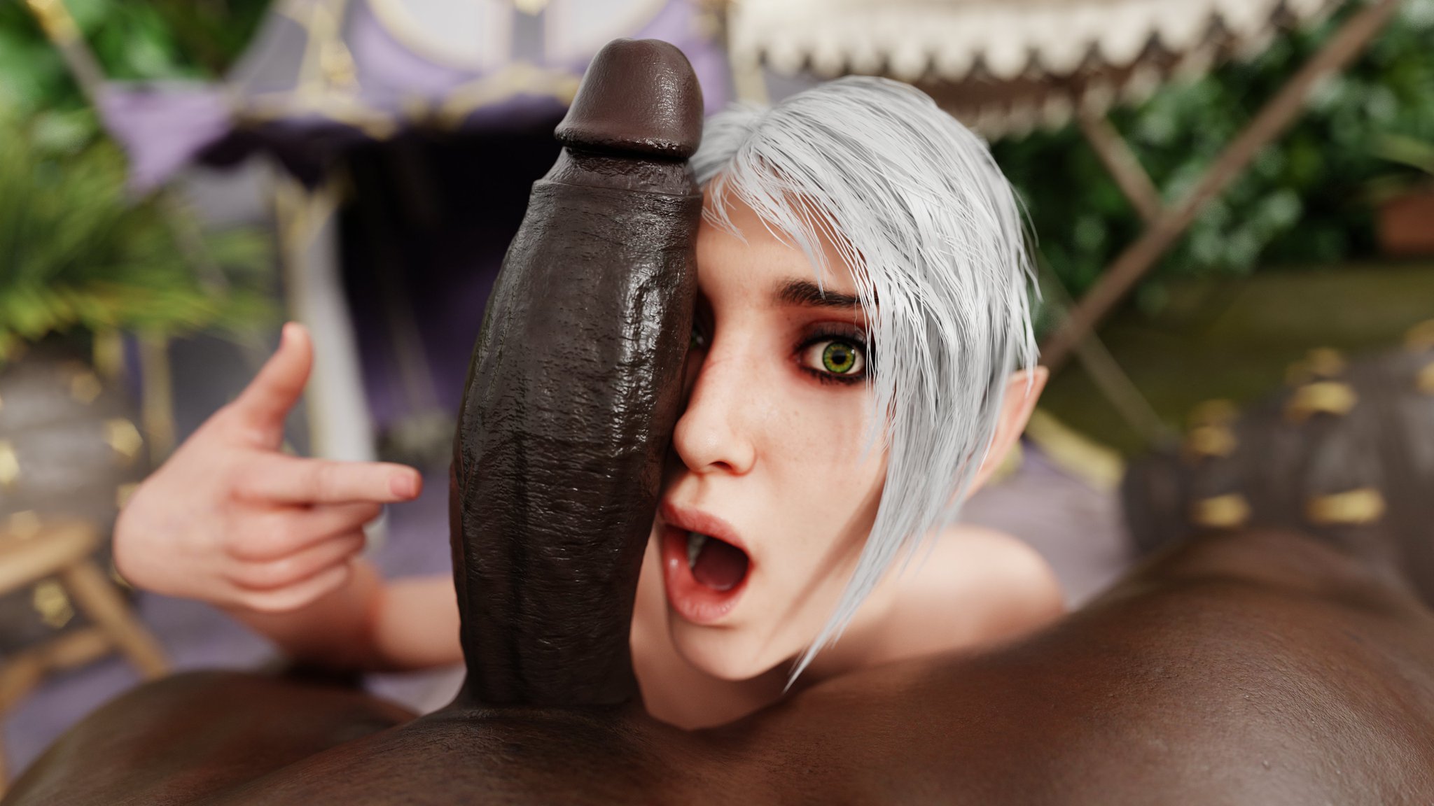 1boy, 1girls, 3d, baldur's gate 3, cock, cock shock, cock worship, completely nude, dark skin, dark-skinned male, derpderp, dungeons and dragons, duo, elf, elf ears, eyelashes, eyeshadow, forgotten realms, green eyes, half-elf, interracial, light skin, light-skinned female, looking at viewer, male, male pov, male/female, mouth open, nude, nude female, nude male, open mouth, penis awe, pointing, pointing at penis, pointy ears, shadowheart, straight, surprised expression, surprised face, tagme, white hair, wizards of the coast, wyll ravengard