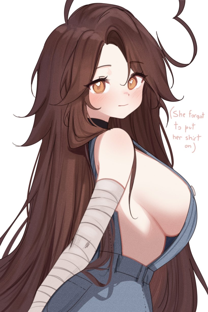 1girls, breasts, brown hair, cleavage, female, female focus, female only, heart-shaped pupils, large breasts, long hair, looking at viewer, original, sideboob, simple background, sky (skyaboveme), skyaboveme, solo, virtual youtuber, white background
