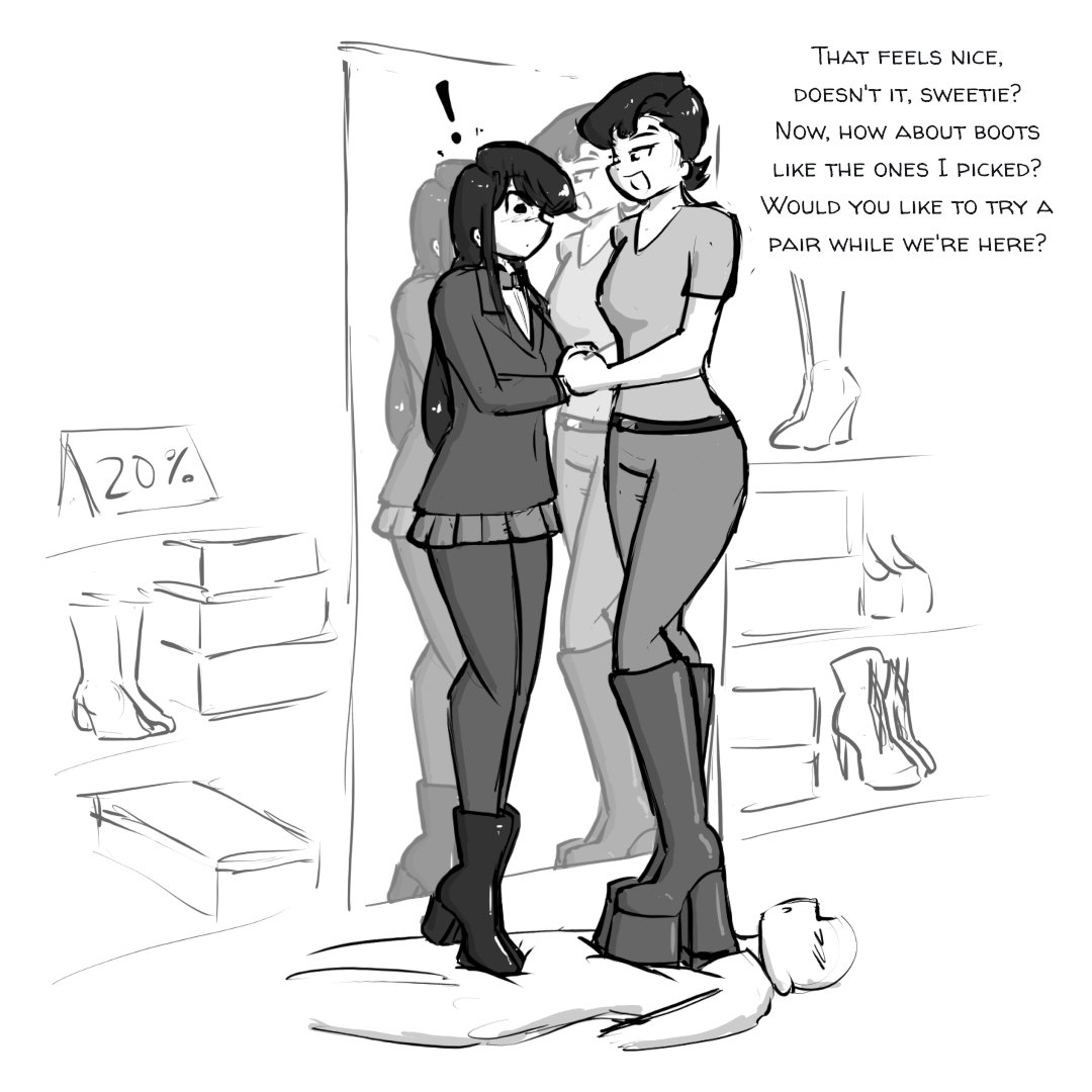 1boy, 1girls, ankle boots, ballbusting, balls, boot fetish, boots, cbt, celera prime, cock and ball torture, cock and balls torture, english text, female, femdom, high heel boots, high heels, knee boots, komi can't communicate, komi shouko, komi shuuko, komi-san wa komyushou desu, leather boots, male, milf, mother and daughter, older female, penis, platform boots, shopping, text, thigh boots, thighhigh boots, trample, trampling