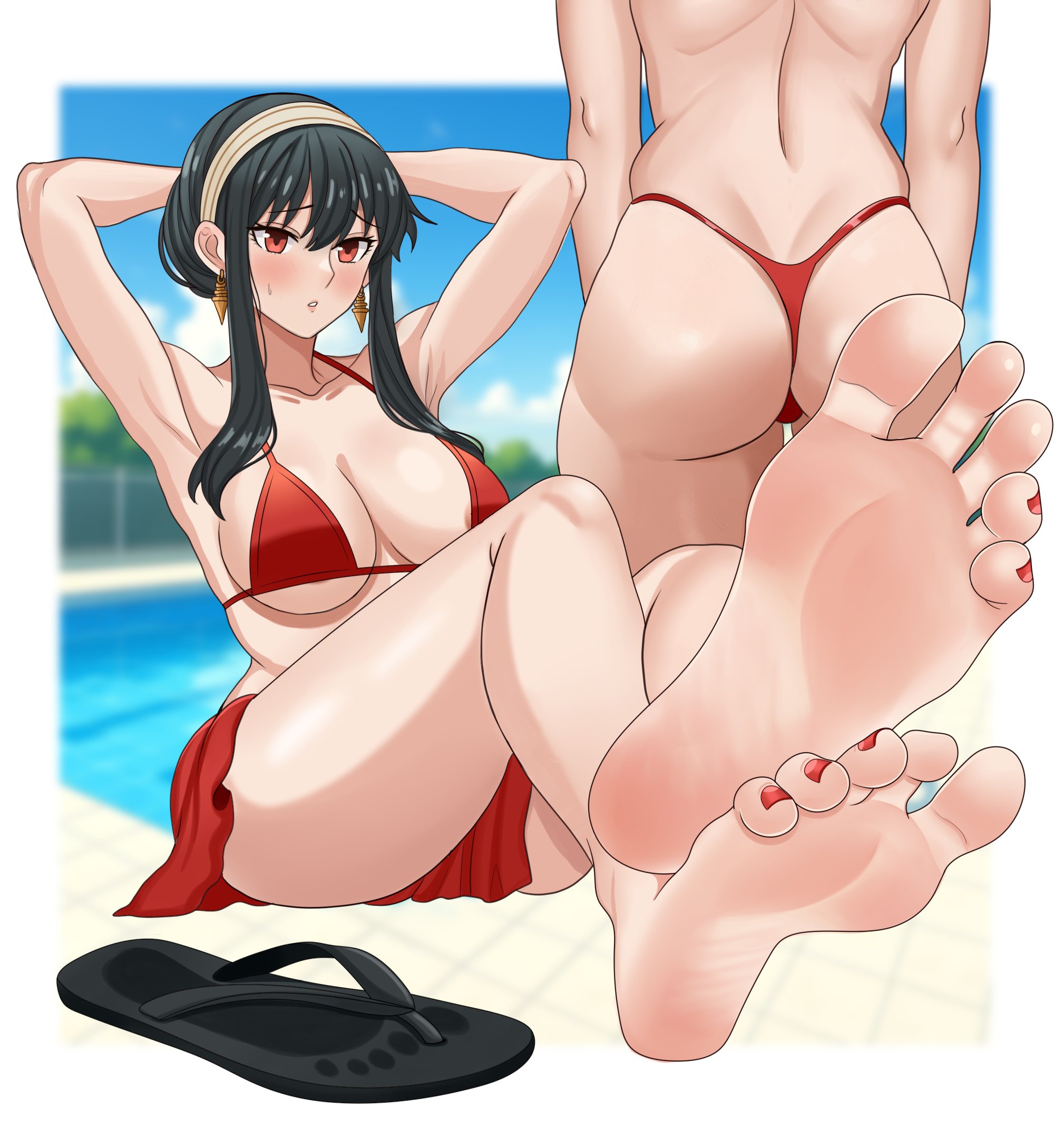 armpits, arms behind head, ass, ass focus, bikini, blush, breasts, eycarts, feet, female, flying sweatdrops, foot fetish, foot focus, from behind, large ass, large breasts, mature female, milf, multiple views, painted toenails, red toenails, sandals, sandals removed, soles, spy x family, swimming pool, tease, toenail polish, toes, trefoil, worried, yor briar
