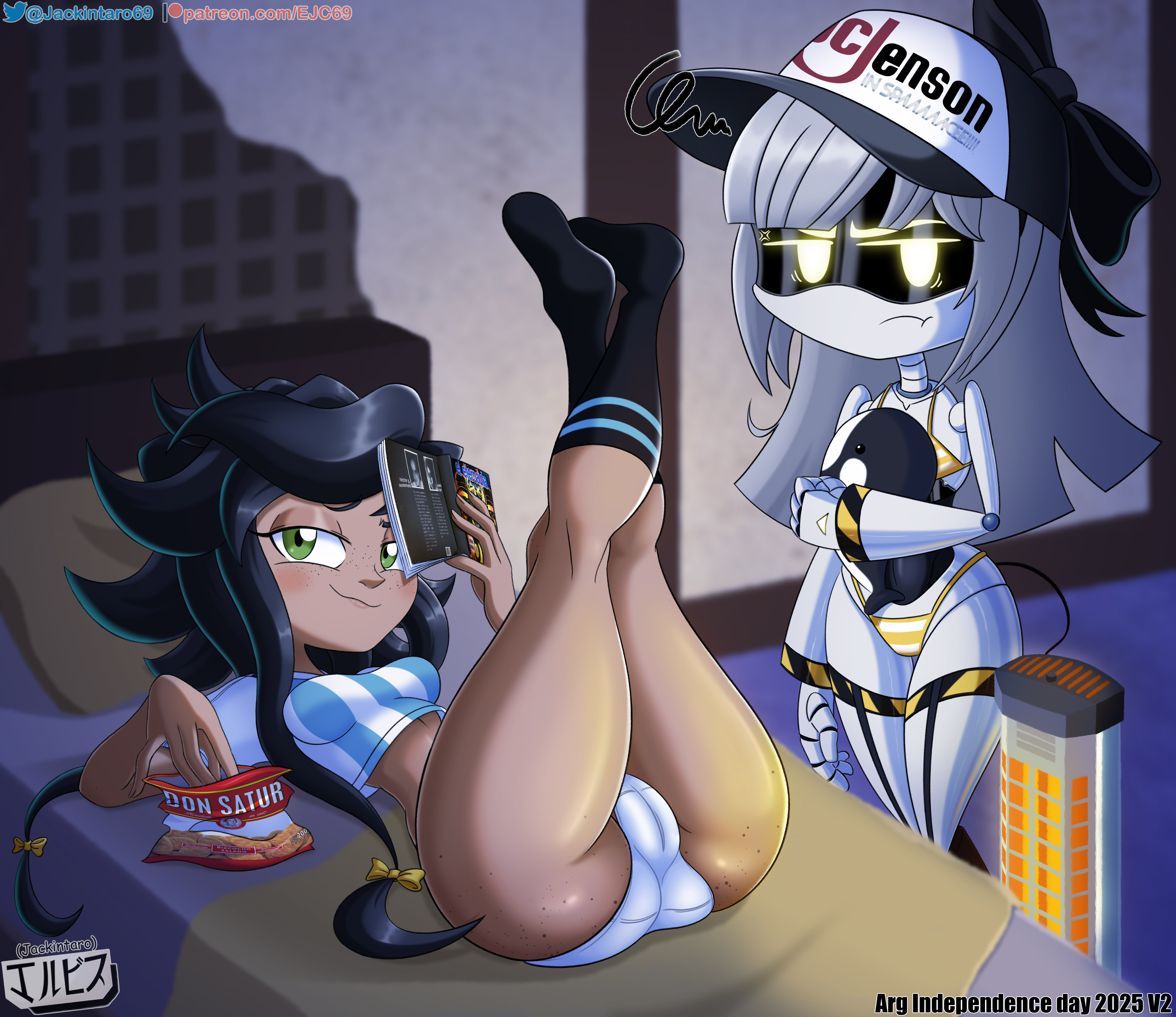 ass, bikini, black hair, digital media (artwork), disassembly drone, fanart, female, female only, freckles, glitch productions, green eyes, grey hair, human, j (murder drones), jackintaro, looking at viewer, murder drones, panties, pantyshot, ribbons, robot, robot girl, soccer uniform, socks, tessa elliot, underwear, yellow eyes