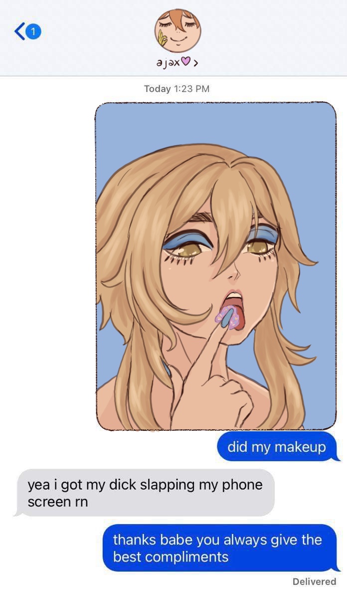 1boy, 1girls, artist request, blonde female, blonde hair, childe (genshin impact), dialogue, dirty talk, english text, female, female focus, genshin impact, implied masturbation, lumine (genshin impact), makeup, male, male/female, open mouth, phone screen, selfie, sexting, straight, tartaglia (genshin impact), text, texting