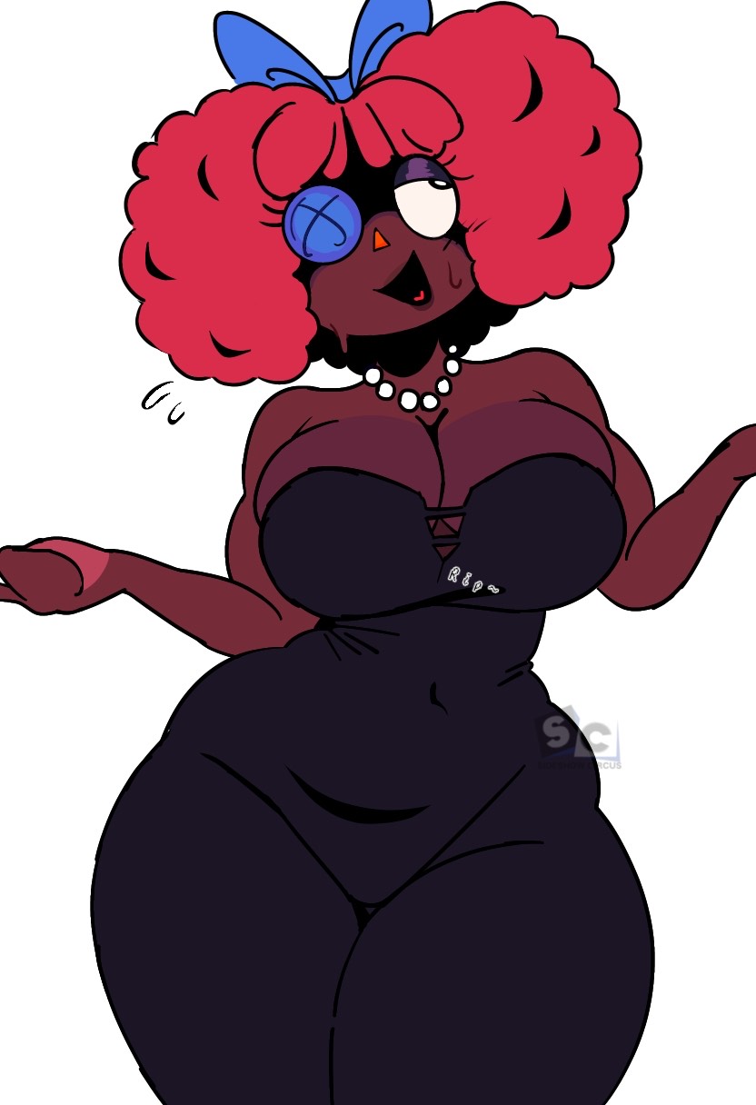 1girls, afro, alternate skin color, alternate version, alternate version at source, big breasts, black dress, blackgatha (tadc), blue bowtie, blush, bowtie on head, br33zyg0re, breasts, button eye, cleavage, curvy, cute, dark skin, dark-skinned female, doll, eyeshadow, female, glitch productions, necklace, nervous, nervous sweat, race swap, ragatha, ragatha (dark skin), ragatha (pub outfit), ragatha (the amazing digital circus), ragdoll, red afro, red hair, sideshow circus, sweatdrop, the amazing digital circus, thick thighs, triangle nose, untitled (tadc), wide hips