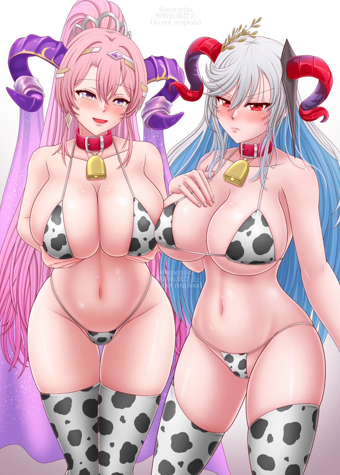 2girls, amezuku, ass, bell, bell collar, breasts, cleavage, collar, cow girl, cow print, cow print bikini, cow print thighhighs, cowbell, female, female only, fire emblem, fire emblem heroes, freyja (fire emblem), hands on breasts, horns, large ass, large breasts, nerthuz (fire emblem), pink eyes, pink hair, red eyes, revealing clothes, silver hair, skimpy clothes, thighhighs
