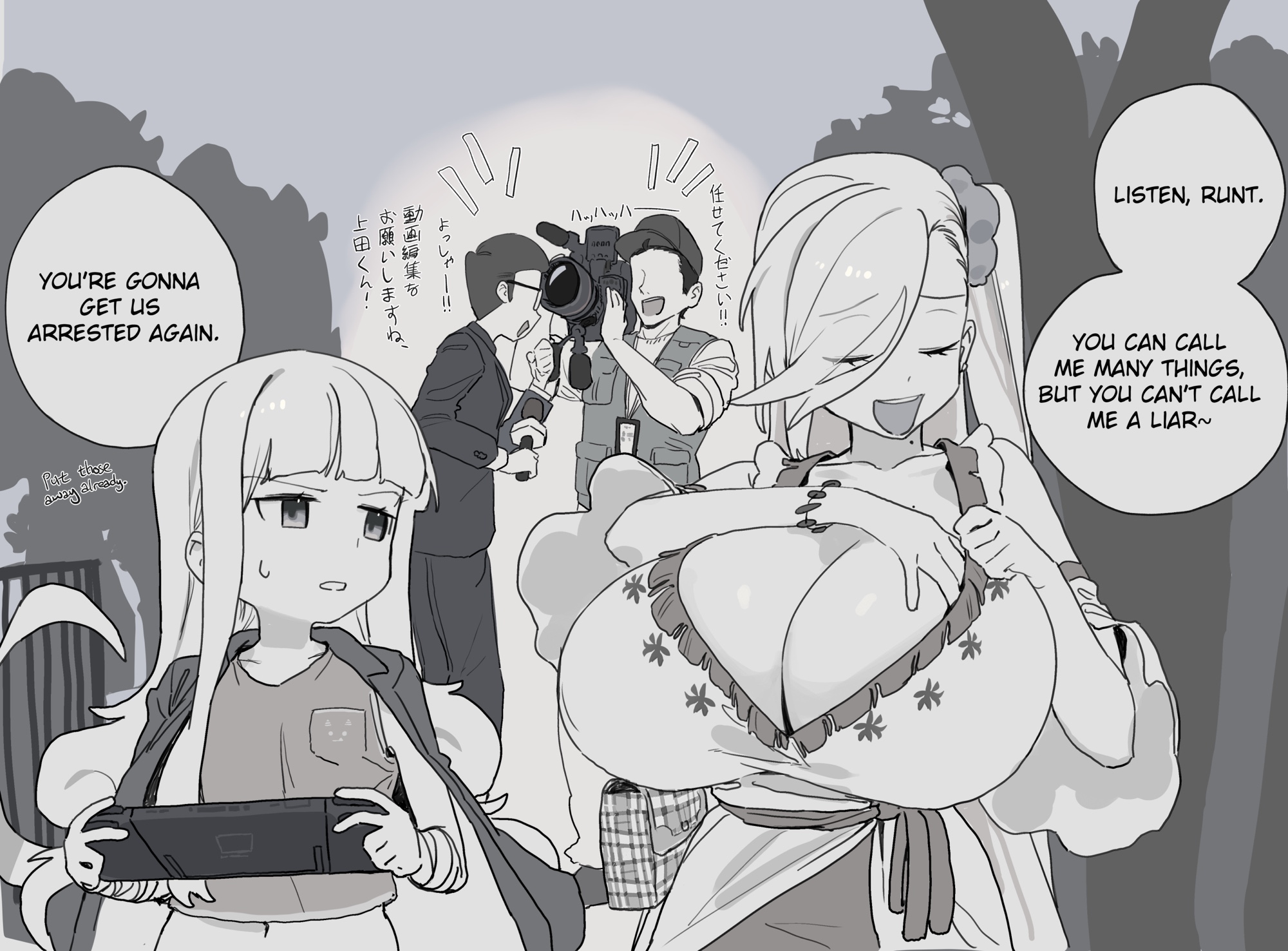 2girls, bag, breasts, cleavage, closed eyes, closed eyes smile, english text, female, hand on own chest, handbag, highres, huge breasts, jacket, jacket on shoulders, long hair, looking at another, magister, magister (bigbakunyuu), monochrome, multiple females, multiple girls, nintendo switch 2, open mouth, original, pandora smith, pandora smith (magister), shiratama liliana, shiratama liliana (magister), shirt, sleeveless, sleeveless shirt, small breasts, small sweatdrop, smile, speech bubble, translation request, tv camera, very long hair