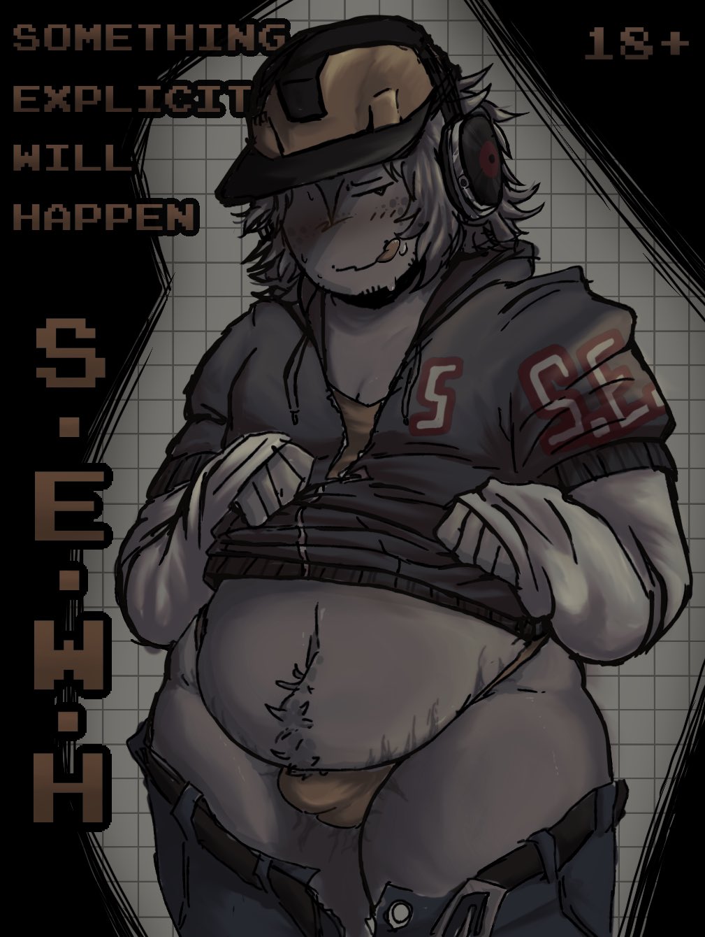 1boy, 1boys, blush, builderfan, builderman, bulge, chubby, drool, drooling, fat, framerfag, hard hat, hat, headphones, headwear, licking lips, lifting hoodie, looking at viewer, male, overweight, pants down, solo, something evil will happen, standing, sweat, sweating, tongue, tongue out