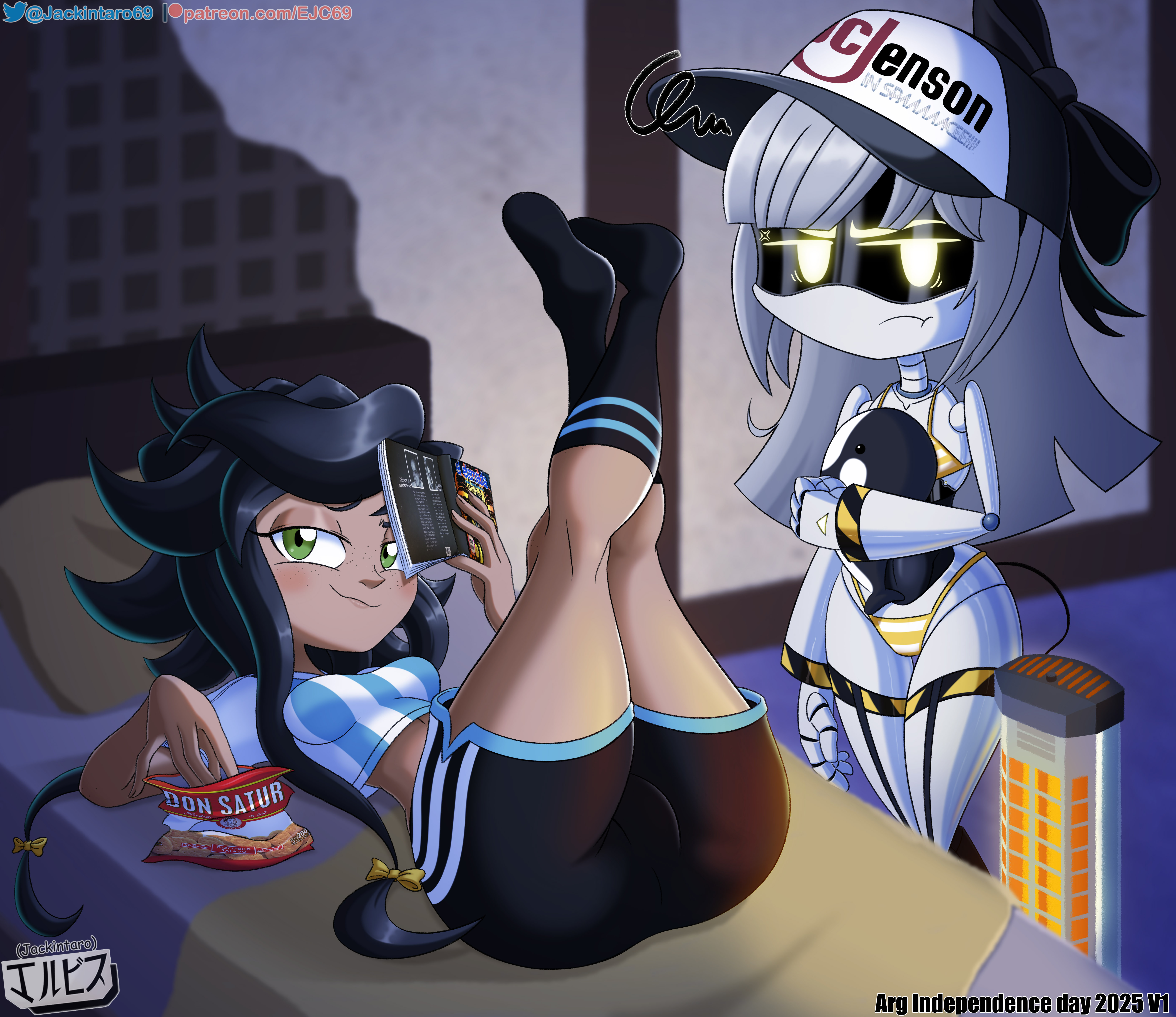 ass, bikini, black hair, digital media (artwork), disassembly drone, fanart, female, female only, freckles, glitch productions, green eyes, grey hair, human, j (murder drones), jackintaro, looking at viewer, murder drones, ribbons, robot, robot girl, soccer uniform, socks, tessa elliot, yellow eyes