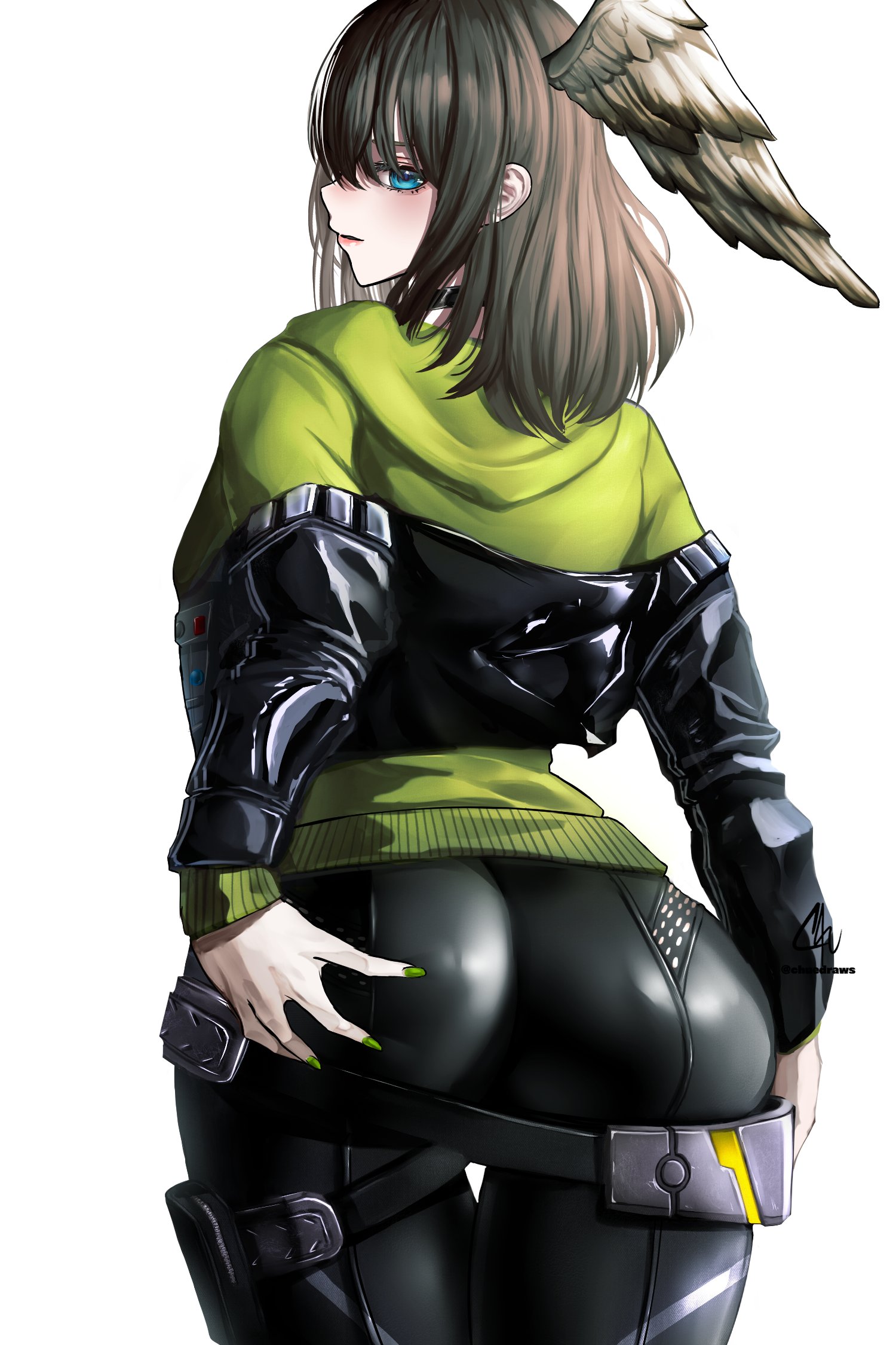 1girls, ass, ass grab, bangs, belt, big ass, big butt, black bodysuit, black choker, black jacket, black pants, blue eyes, bodysuit, brown hair, butt grab, choker, eunie (xenoblade), fat ass, feathered wings, female, female only, fully clothed, grabbing own butt, green hoodie, hand on ass, hand on butt, hand on own butt, head wings, huge ass, huge butt, jacket partially removed, latex, long hair, long sleeves, looking at viewer, looking back, nail polish, nintendo, pants, skin tight, solo, standing, thick ass, thick butt, thick thighs, thigh gap, white wings, wings, xenoblade (series), xenoblade chronicles 3