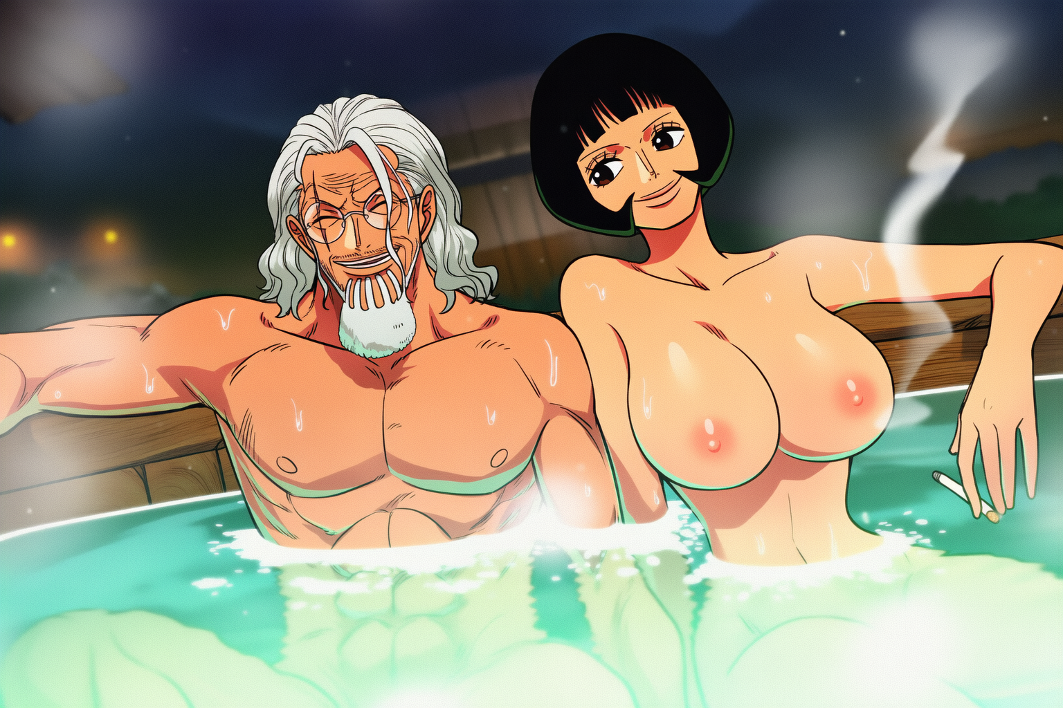 1boy, 1girls, abs, ai generated, bathing, bathing together, big breasts, black hair, black-haired female, breasts, female, hotsprings, linea alba, male, mixed bathing, mrtanochiotoko, naked, nude, one piece, onsen, shakuyaku, silvers rayleigh, size difference, water, white hair, white-haired male