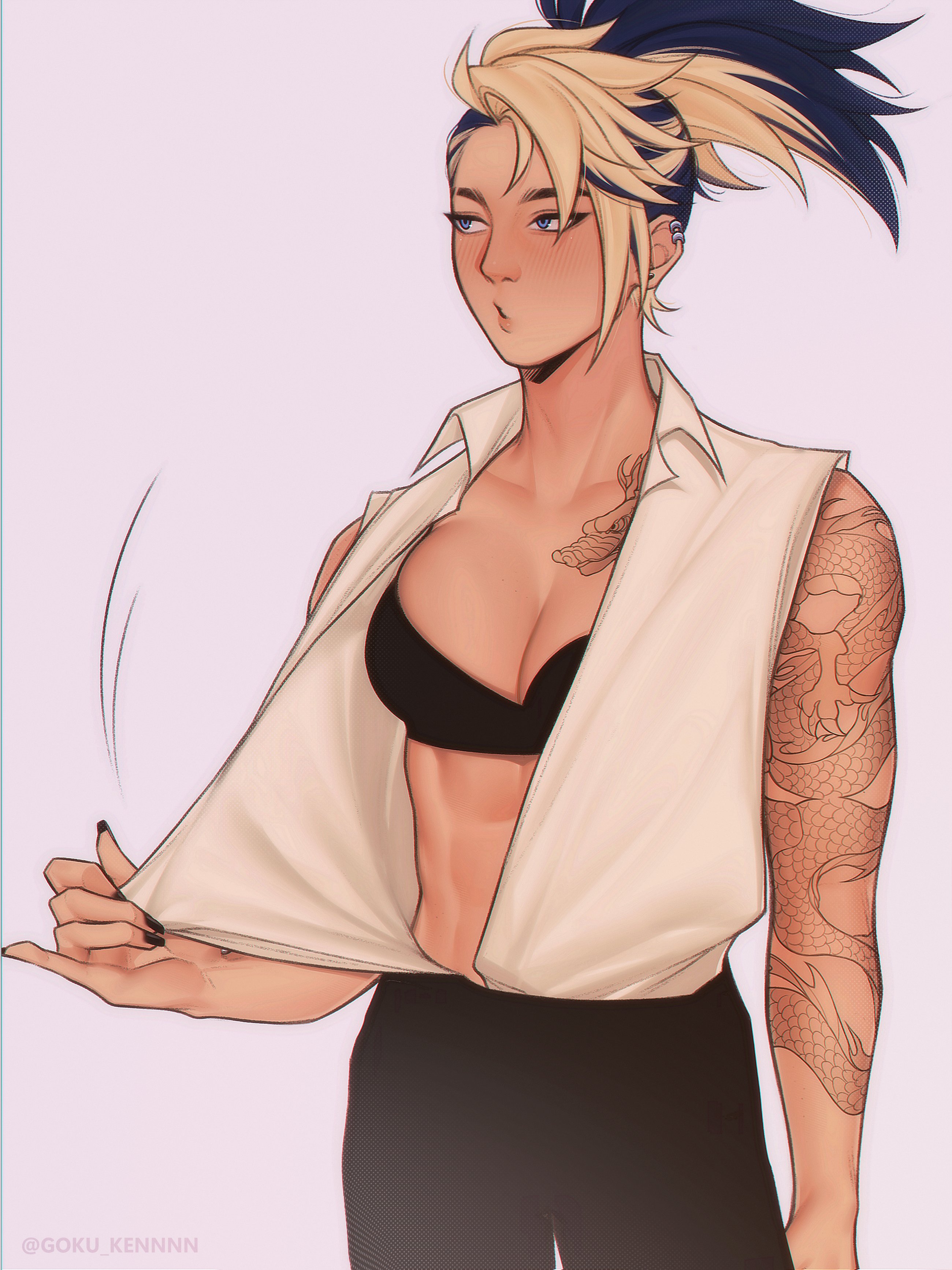 1girls, abs, akali, big breasts, bra, breasts, cleavage, female, female only, human, large breasts, league of legends, muscular, muscular female, revealing clothes, solo, solo female, standing, tomboy, wukenn