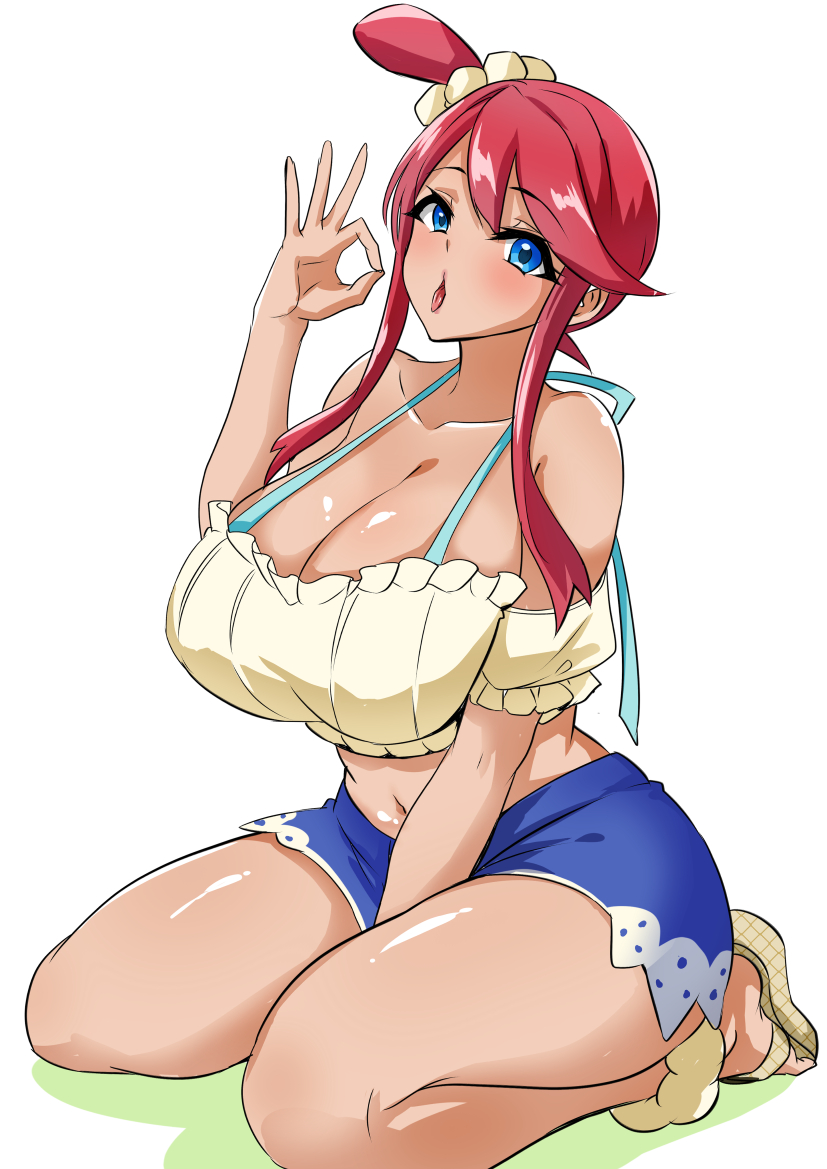 1girls, bikini, bikini under clothes, bolobolo, breasts, fellatio gesture, female, huge breasts, looking at viewer, nintendo, open toe footwear, open toe shoes, pokemon, pokemon masters, pokemon masters ex, red hair, sandals, skyla (pokemon), skyla (summer 2025) (pokemon masters), solo, swimsuit, tongue, tongue out