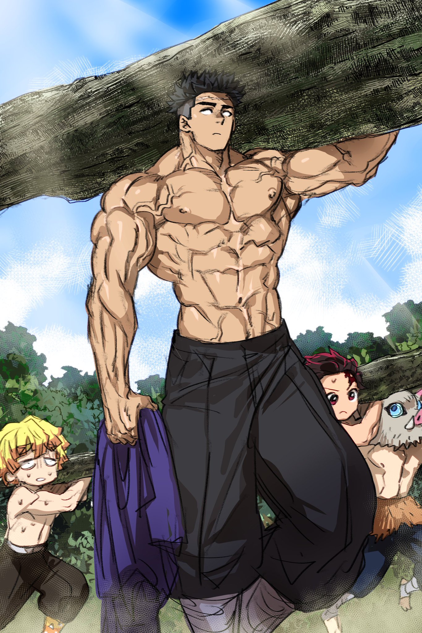 4boys, aitanso, bara, big muscles, black hair, blind, colored, demon slayer, detailed background, himejima gyomei, inosuke hashibira, kamado tanjirou, kimetsu no yaiba, male, male only, muscles, muscular, muscular male, outside, public topless, safe, shaved side, solo focus, topless, topless male, veiny muscles, yaoi, zenitsu agatsuma