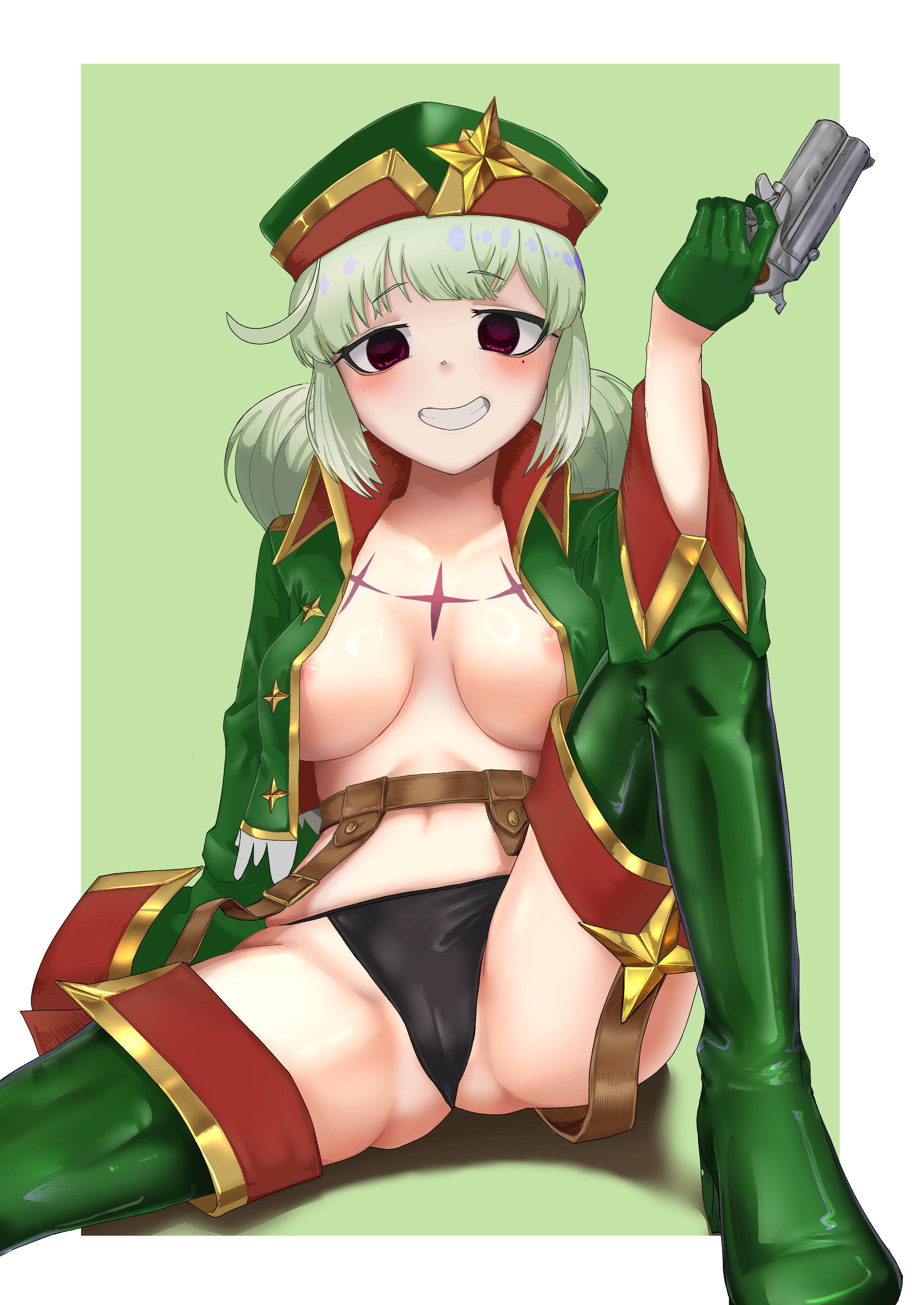 1girls, araga kiwi, black panties, breasts, cameltoe, dark magical girl, female, female only, green background, green hair, gun, leopard (mahou shoujo ni akogarete), leoparde (mahou shoujo ni akogarete), light skin, light-skinned female, magical girl, mahou shoujo ni akogarete, marilyn12 25, nipple slip, panties, pussy, solo