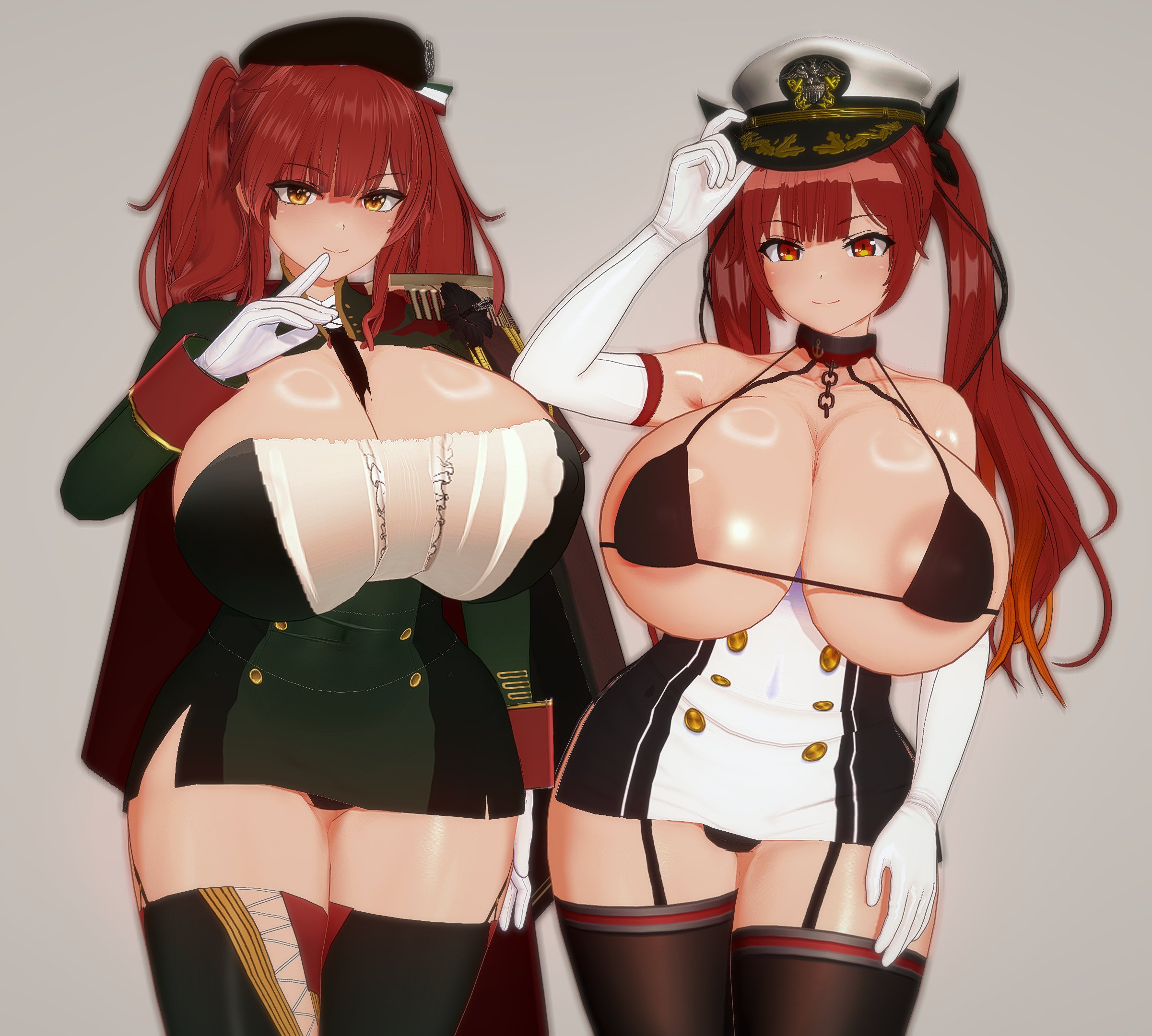 2girls, 3d, areola slip, areolae, azur lane, bikini top, bra, breasts, cleavage, danish primus, dress, elbow gloves, eyebrows visible through hair, female, female only, garter belt, garter straps, gloves, hat, honolulu (azur lane), huge breasts, large breasts, light skin, light-skinned female, looking at viewer, micro bikini top, military hat, military uniform, no bra, orange eyes, red eyes, red hair, shiny skin, smile, solo, thick thighs, thighhighs, tied hair, twintails, vermelho (artist), zara (azur lane)