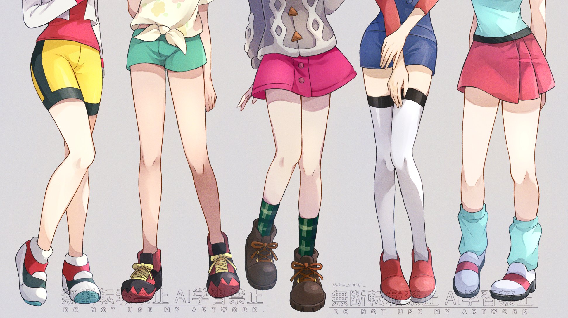 5girls, bike shorts, blue overalls, blue shirt, boots, cardigan, dress, female, floral print, gloria (pokemon), green shorts, grey background, grey cardigan, highres, jacket, kris (pokemon), leaf (pokemon), leg focus, legs, long sleeves, loose socks, lower body, lyra (pokemon), multiple females, multiple girls, nintendo, overalls, pika yomogi, pink dress, plaid clothes, plaid socks, pokemon, pokemon frlg, pokemon gsc, pokemon hgss, pokemon sm, pokemon ss, red shirt, red skirt, selene (pokemon), shirt, shoes, shorts, simple background, skirt, sleeveless, sleeveless shirt, sneakers, socks, suspenders, thighhighs, tied shirt, wallpaper, white thighhighs, yellow shirt, yellow shorts