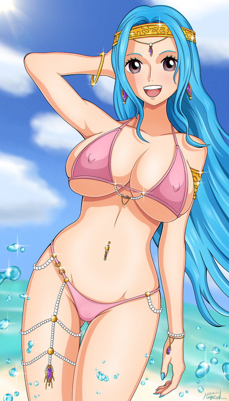 1girls, beach, bikini, blue hair, blue-haired female, breasts, female, female only, hiyozuki, jewelry, navel, navel piercing, nefertari vivi, one piece, smile, solo, solo female, standing