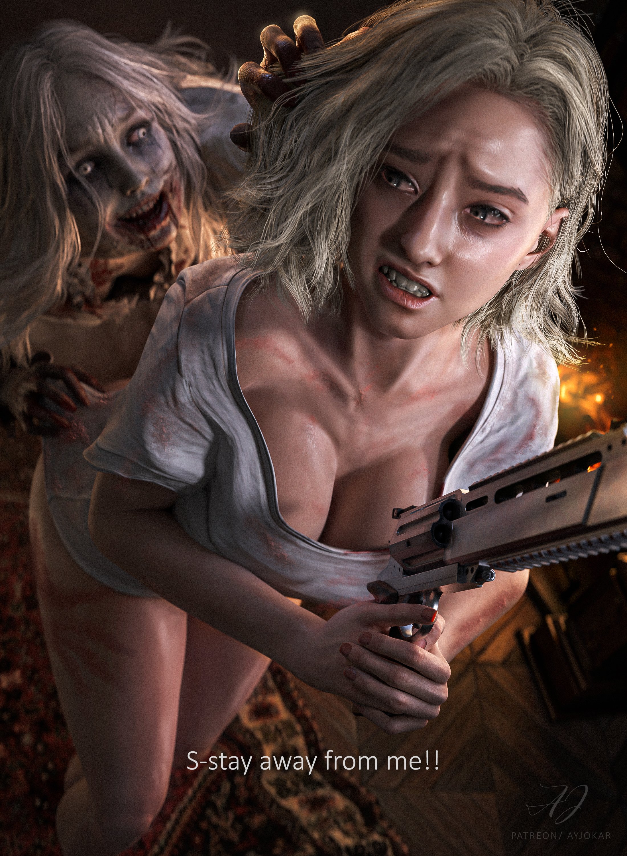 2girls, 3d, autistic female, big ass, big breasts, biohazard, black pupils, blonde female, blonde hair, blood in mouth, blood on face, blood on hand, blood stain, breasts, capcom, clothed, crazy bitch, crazy female, crazy smile, dialogue, female, female only, firearm, grace ashcroft, grace ashcroft (julia pratt), grey body, grey skin, grey-skinned female, groping, groping thighs, gun, hair grab, hand mark, handgun, holding gun, human, jokar, large breasts, light hair, molestation, monster, monster on female, no panties, no pants, pale skin, pale-skinned female, partially clothed, partially clothed female, patreon, patreon username, realistic, requiem (gun), resident evil, resident evil 9: requiem, revolver, scared, scared expression, scared female, selena corey, sexual harassment, short hair, smile, smiling at partner, straight hair, stuttering, sweating, tagme, text, thick thighs, undead, undead female, wavy hair, weapon, white dress, white hair, white iris, wide hips, yuri, zombie, zombie girl