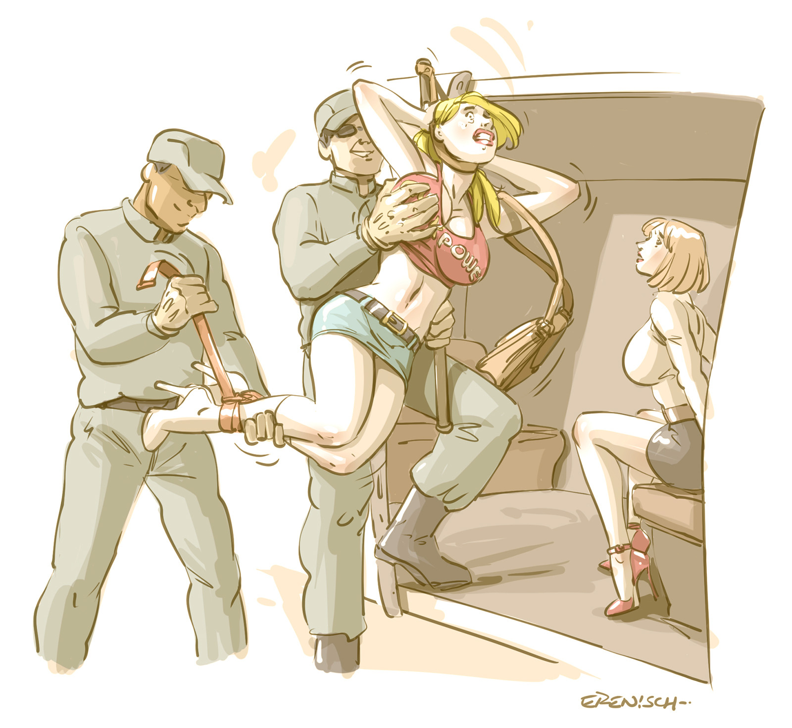 2boys, 2girls, blonde hair, bondage, bound, breasts, captured, dog catcher pole, erenisch, female, femsub, groping, groping breasts, high heels, illustration, kidnapped, kidnapping, legal slavery, male, miniskirt, processing, skirt, slave, slave raid