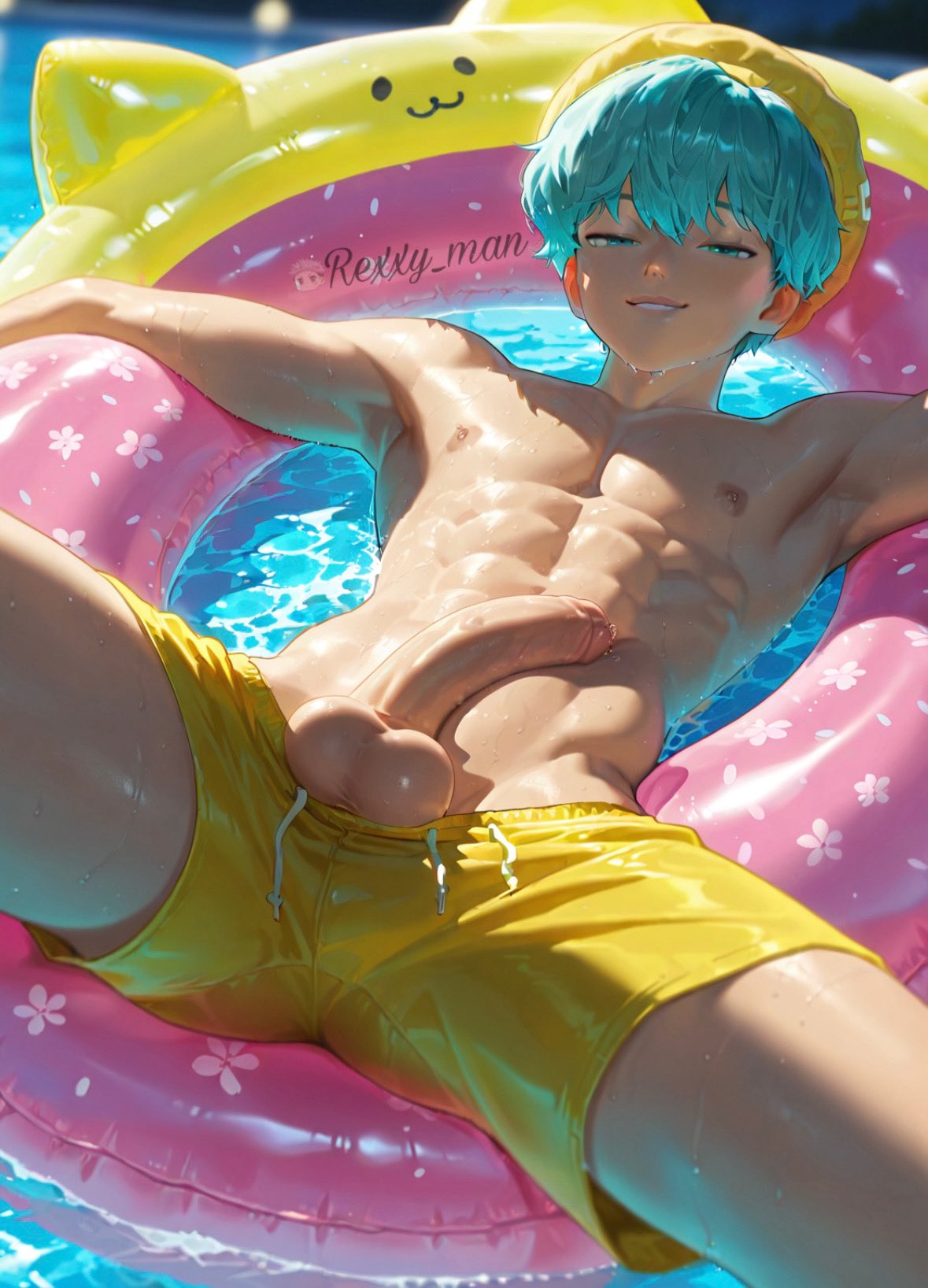 abs, ai generated, baby (kpop demon hunters), balls, ballsack, big penis, blue eyes, blue hair, half-closed eyes, half-dressed, kpop demon hunters, male, muscular, penis, pool, rexxy man, shaved crotch, smile, watermark, yellow hat