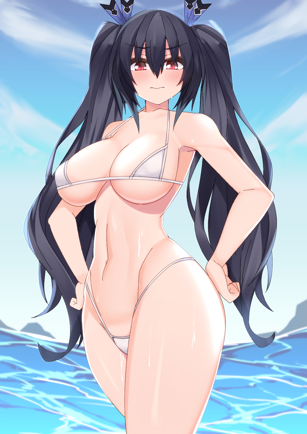 1girls bikini black_bikini black_hair black_legwear blush breasts cat_tail cleavage clenched_hands dura embarrassed female hair_between_eyes hair_ribbon hands_on_hips highleg_bikini highres large_breasts long_hair looking_at_viewer navel neptunia_(series) noire ocean outdoors red_eyes ribbon solo swimsuit tail twintails water wet white_bikini