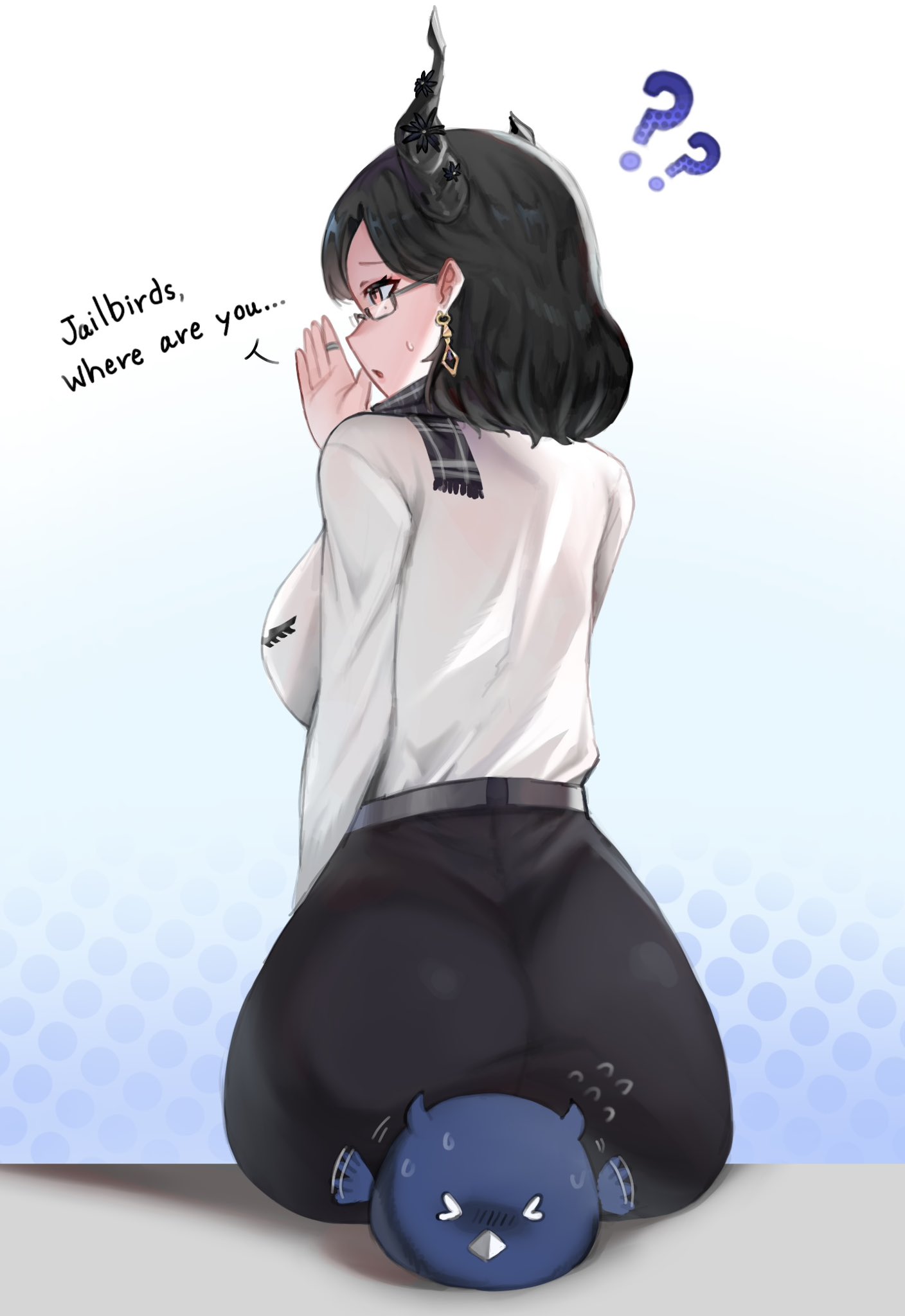 1girls, ass, big ass, black hair, blue hair, bottom heavy, fan mascot (vtuber), fan mascot focus (vtuber), female, glasses, hololive, hololive english, hololive english -advent-, horn, iggy2077, jailbird (nerissa ravencroft), nerissa ravencroft, office lady, scarf, shirt, sitting, sitting on person, skirt, text, virtual youtuber