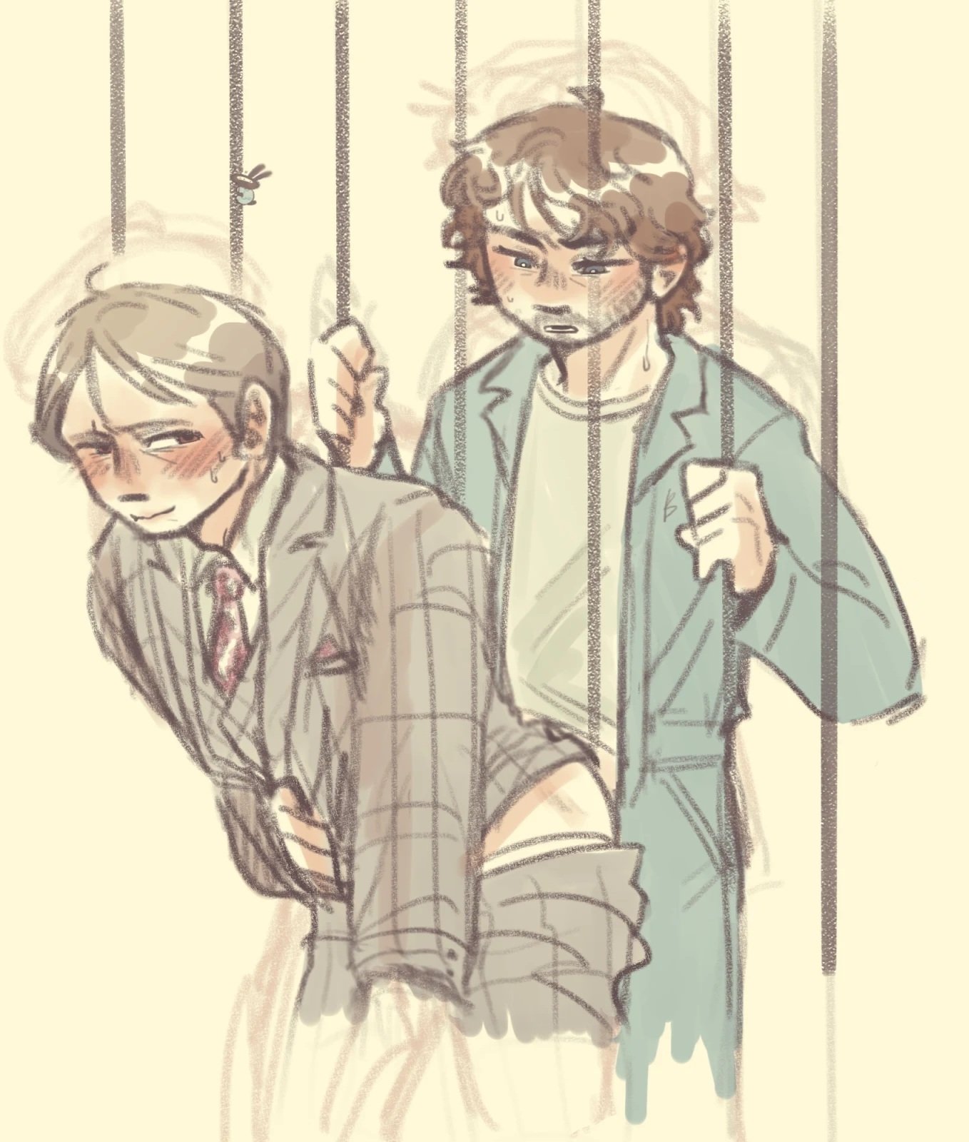 2boys, anal, anal sex, exhibitionism, from behind, gay, grabbing bars, hannibal, hannibal lecter, male, power bottom, prison sex, public, risky sex, through bars, will graham, yaoi