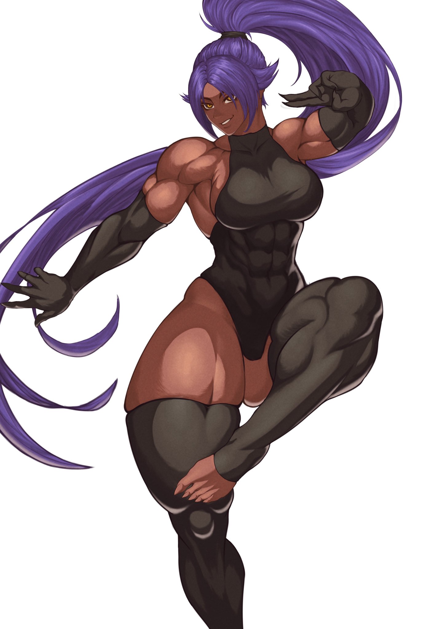 1girls, absurdres, big breasts, black leotard, bleach, breasts, dark skin, dark-skinned female, drugalek, elbow gloves, female, female only, fingernails, gloves, highres, leotard, long hair, milka01477, muscular, muscular female, purple hair, sharp fingernails, sharp toenails, shihouin yoruichi, solo, toeless legwear, toenails, yellow eyeshadow