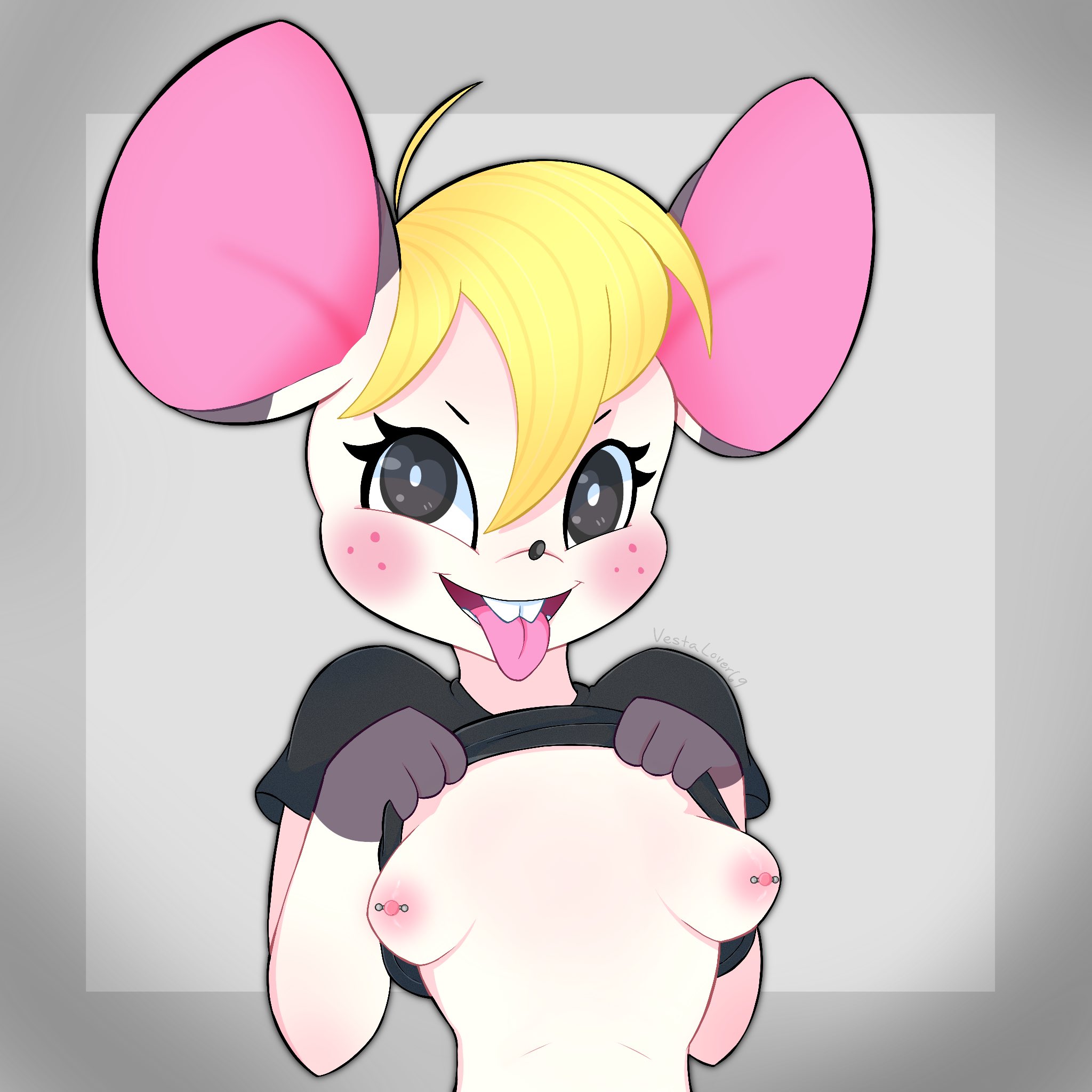 1:1, animal crossing, anthro, barbell piercing, bella (animal crossing), blush, breasts, buckteeth, clothed, clothing, digital media (artwork), female, freckles, furry, hi res, looking at viewer, mammal, mouse, murid, murine, nintendo, nipple barbell, nipple piercing, nipples, piercing, raised clothing, raised shirt, raised topwear, rodent, shaded, shirt, snootydogg, solo, teeth, tongue, tongue out, topwear