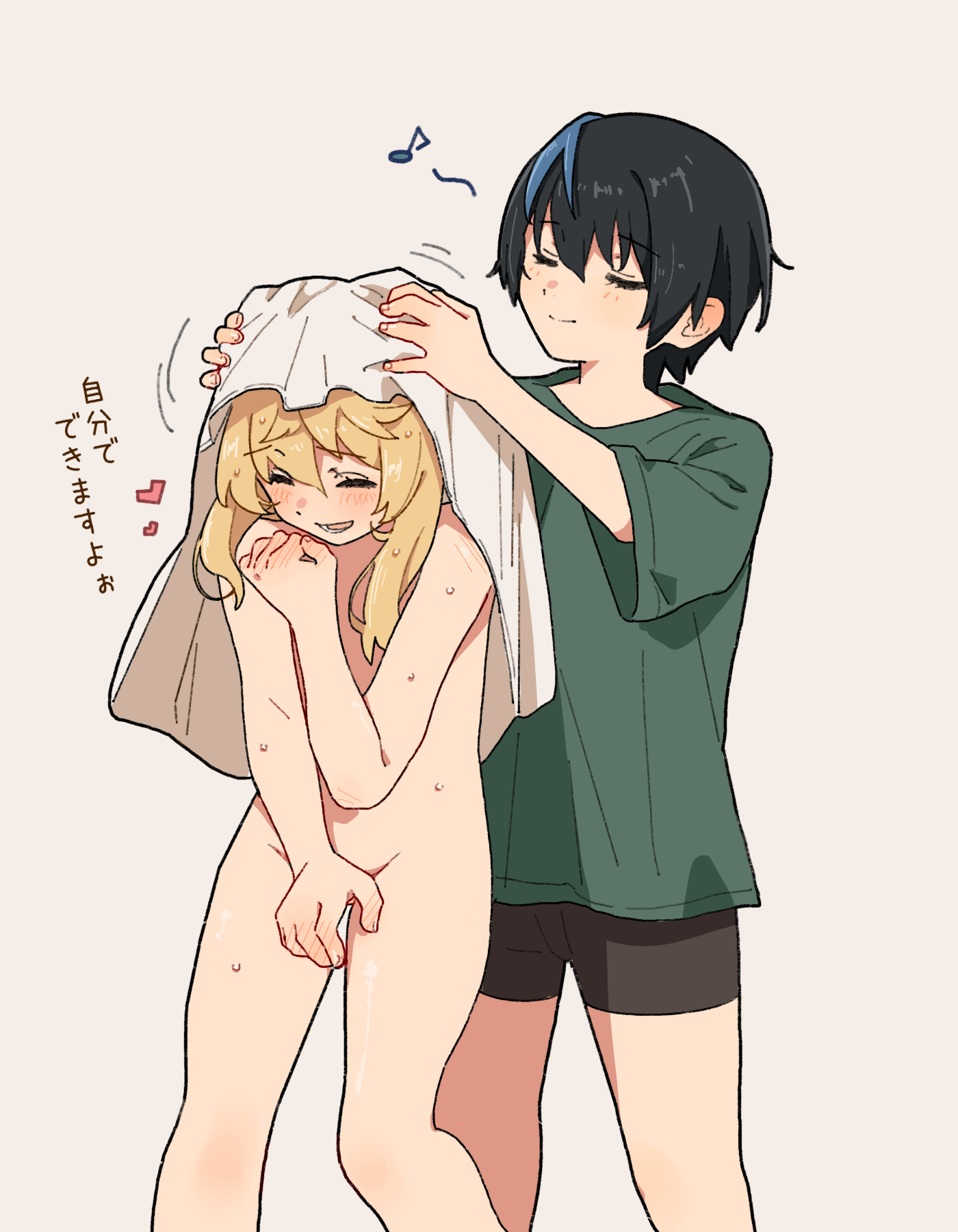 2girls, black hair, blonde hair, blue highlights, blush, bridget, closed eyes, color, covering crotch, dialogue, drying, drying hair, eyes visible through hair, fanon couple, female, fully clothed, green shirt, grey background, guilty gear, guilty gear strive, japanese text, lighting, long hair, motion lines, musical note, romantic, romantic couple, shorts, slight blush, smile, spoken heart, standing, towel, trans woman, transfem, unika (guilty gear), washing another, wet, wholesome, yanol1022, yuri
