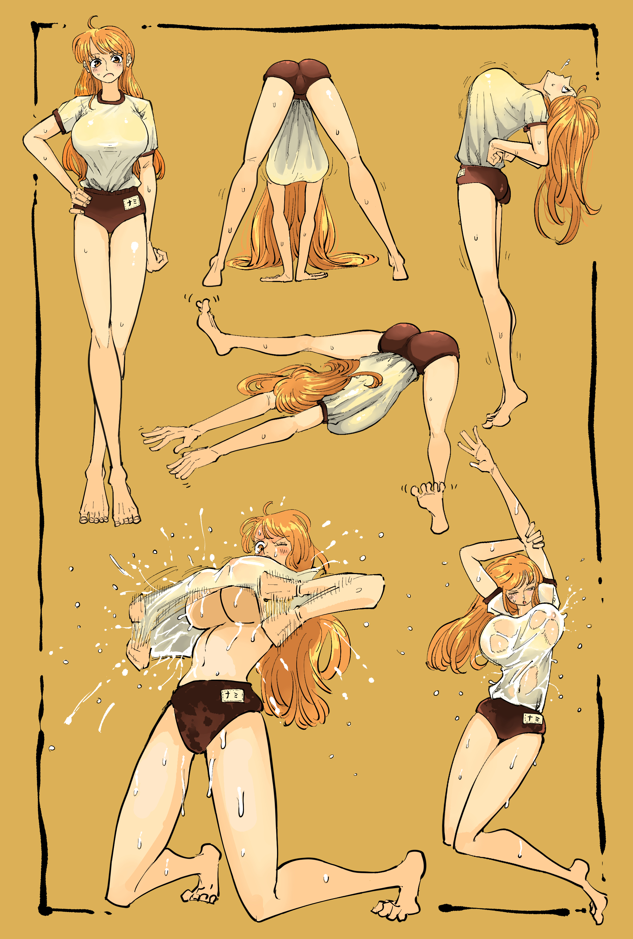 1girls, areolae, ass, big breasts, bloomers, blush, breasts, curvy female, female, female focus, female only, huge breasts, large breasts, light skin, light-skinned female, long hair, long legs, middlefing1111, nami (one piece), nipples, one piece, orange hair, orange-haired female, perky breasts, post-timeskip, stretching, sweat, sweating, wet clothes