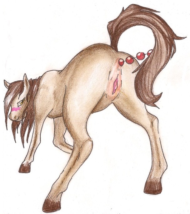 1girl 1girls anal anal_beads anal_insertion anal_masturbation anal_penetration anatomically_correct blush brown_body equid equine female female_only feral hooves horse mammal pussy sex_toy simple_background solo solo_female themasterdramon