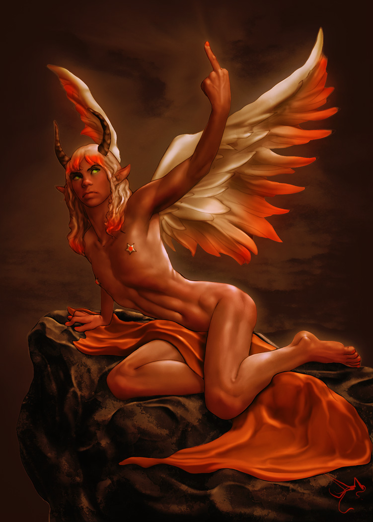 1boy bible cute_male deity femboy horns jahi lucifer male male_only middle_finger nightmare_husbando public_domain religion straight_hair topless topless_male wings