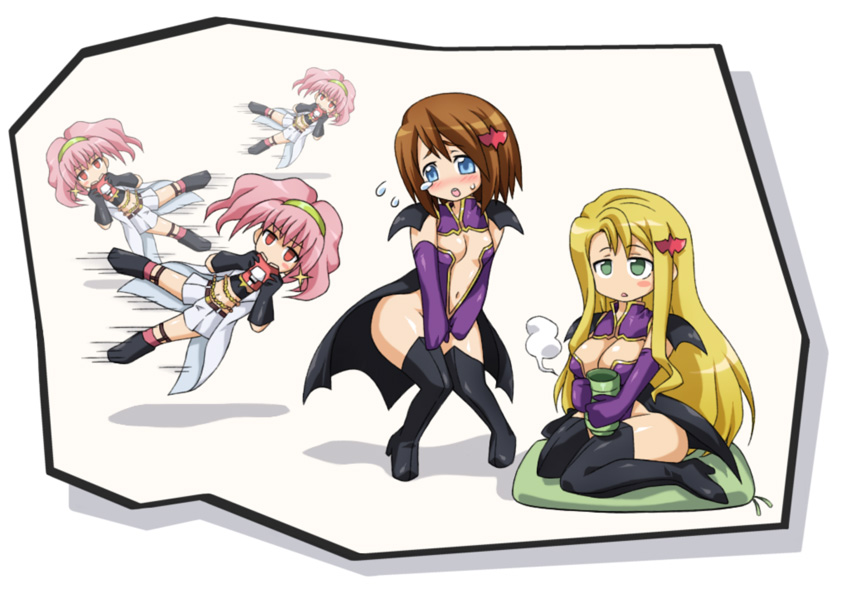 3girls anya_alstreim blonde_hair blue_eyes blush breasts brown_hair cleavage code_geass elbow_gloves female female_only gloves grausam_valkyrie_squadron green_eyes hair_ornament hairband liliana_vergamon long_hair marika_soresi mitora5 multiple_girls pink_eyes pink_hair short_hair thighhighs