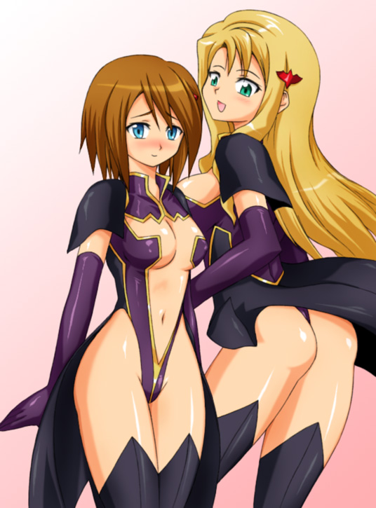 2girls ass blonde_hair blue_eyes breasts cleavage code_geass elbow_gloves female gloves grausam_valkyrie_squadron green_eyes hair_ornament latex latex_gloves liliana_vergamon long_hair looking_back marika_soresi midriff military military_uniform mitora5 multiple_girls orange_hair short_hair thighhighs uniform