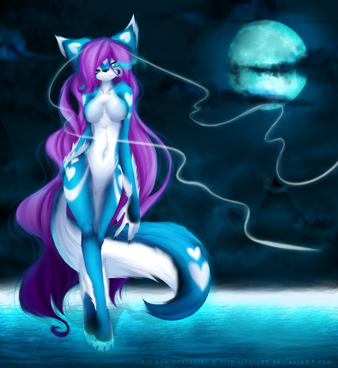 blue_eyes blue_fur color female female_only fluffy_tail foot_claws fur furry hair_over_one_eye heart_shaped_fur medium_breasts moon mountains night nintendo no_nipples nude nude_female pink_hair pokemon pokemon_(species) solo solo_female suicune tofu93 very_long_hair walking_on_water walking_towards_viewer white_fur