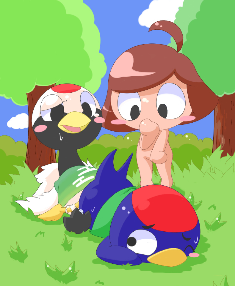 1boy 2girls animal_crossing animal_crossing_girl anthro ass being_watched bird black_eyes blush bottomless brown_hair cum female gladys_(animal_crossing) grass hair human interspecies jay_(animal_crossing) looking_back male masturbation multiple_females nettsuu nintendo nude open_mouth ostrich ratite straight tree villager_(animal_crossing)