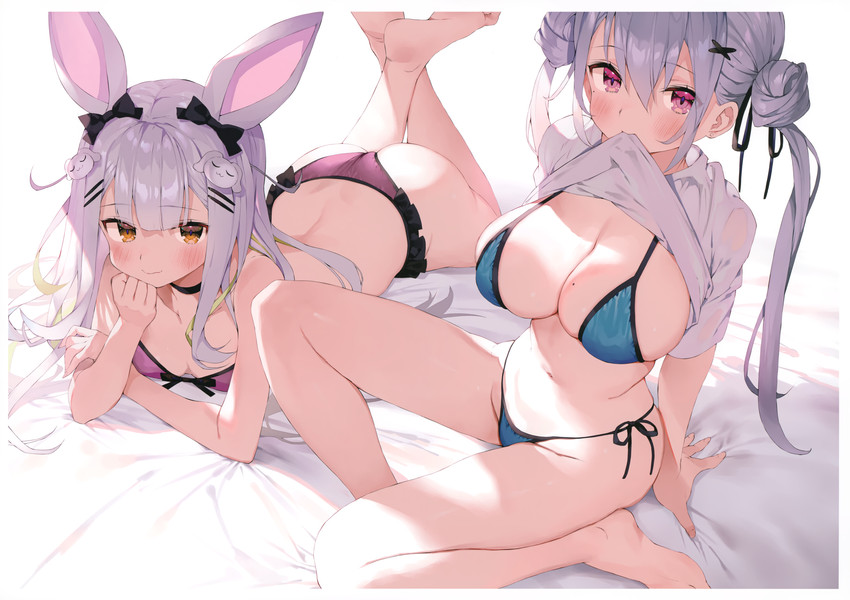 2girls ass_cleavage bikini breasts busty butt_crack cleavage female female_only gaou gaou_(umaiyo_puyoman) hourei_tenten indie_virtual_youtuber mochizuki_himari shirt_lift swimsuit virtual_youtuber