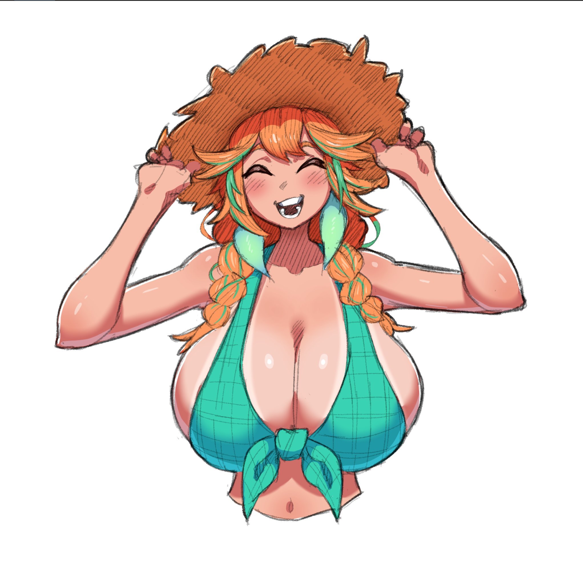 alternate breast size, aqua hair, bikini, bikini tan, braid, braided twintails, breasts, cleavage, closed eyes, female, gradient hair, green hair, green highlights, hat, highres, hololive, hololive english, hololive myth, huge breasts, long hair, makinakid, multicolored hair, orange hair, shiny, shiny hair, shiny skin, simple background, solo, straw hat, streaked hair, swimsuit, takanashi kiara, takanashi kiara (2nd costume), tan, tanlines, twintails, two-tone hair, underboob, upper body, virtual youtuber, white background