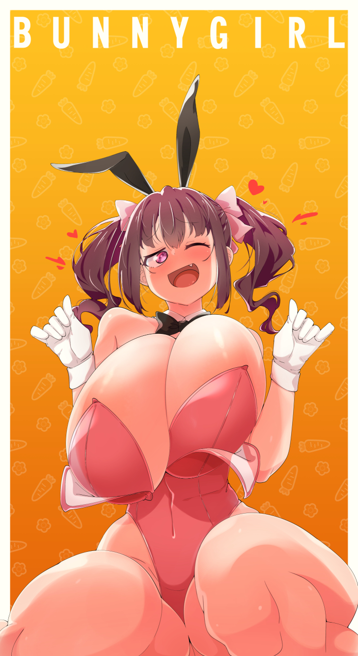 animal_ears asahina_rin bangs bare_shoulders blush breasts brown_hair carrot cleavage covered_nipples detached_collar english_text fake_animal_ears female gigantic_breasts gloves highres idolmaster idolmaster_relations long_hair oerba_yun_fang one_eye_closed open_mouth rabbit_ears sidelocks smile solo tongue toudori twintails unaligned_breasts white_gloves