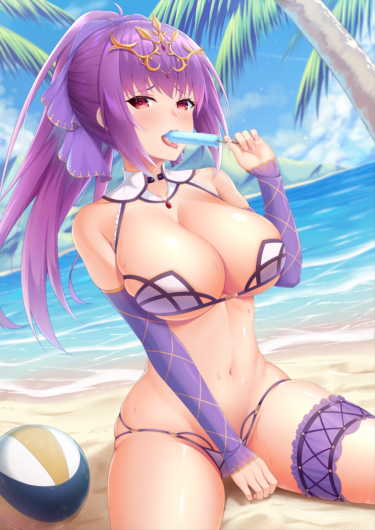 1girls 2022 2d alternate_version_available beach beach_ball belly belly_button big_breasts blue_popsicle blush breasts cute eating eyebrows eyebrows_visible_through_hair fate/grand_order fate_(series) fringe hi_res laying_down mound_of_venus oral oral_insinuation popsicle purple_eyebrows purple_hair red_eyes scathach_(fate) scathach_skadi sexually_suggestive solo sweat sweaty_breasts swimsuit thick_thighs thighs thin thin_waist water yuunagi_(0217)