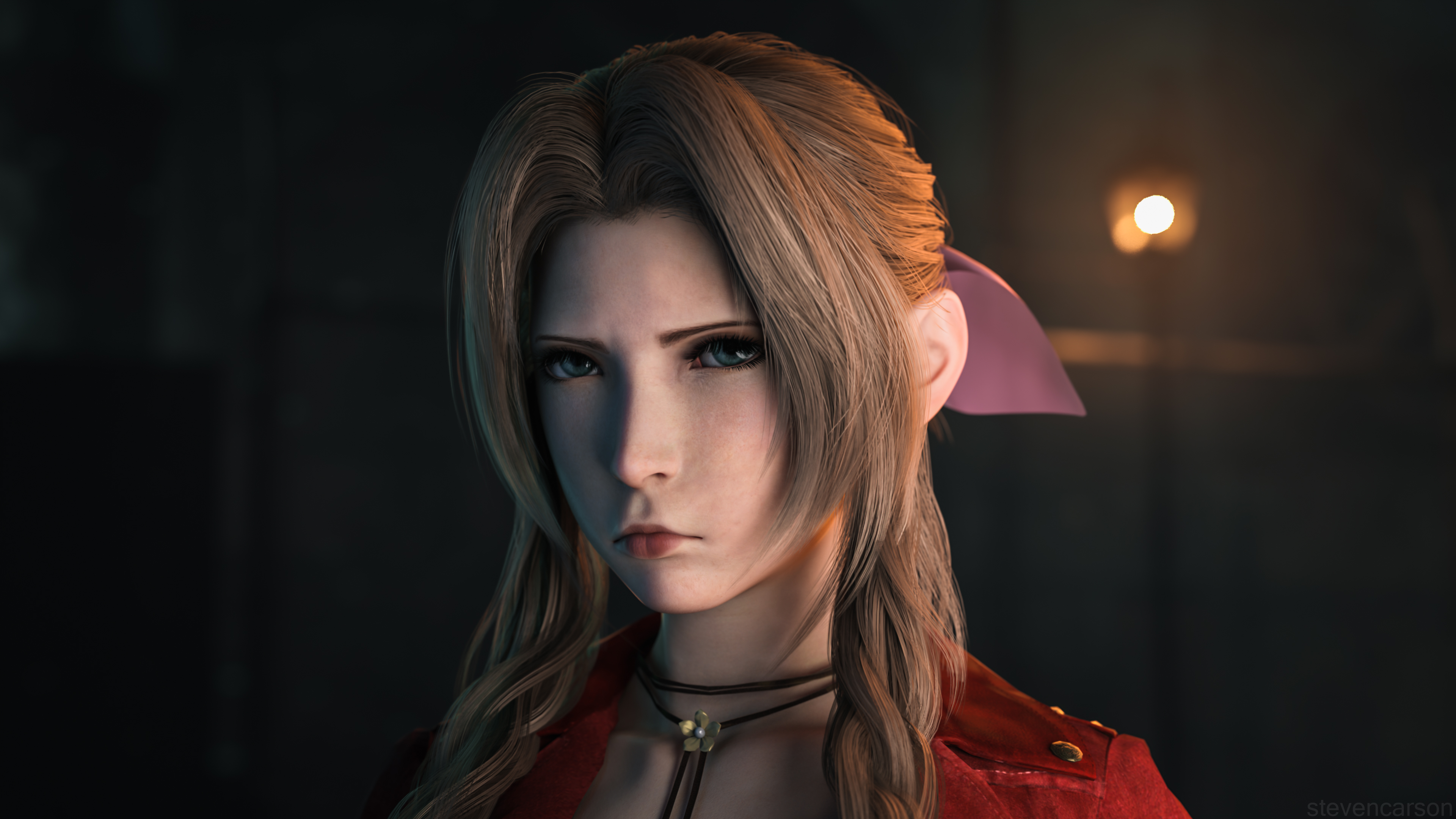 1girls, 3d, absurd res, aerith gainsborough, brown hair, clothed, female, female only, final fantasy, final fantasy vii, final fantasy vii remake, green eyes, looking at viewer, necklace, pout, pouting, pouty lips, solo, stevencarson