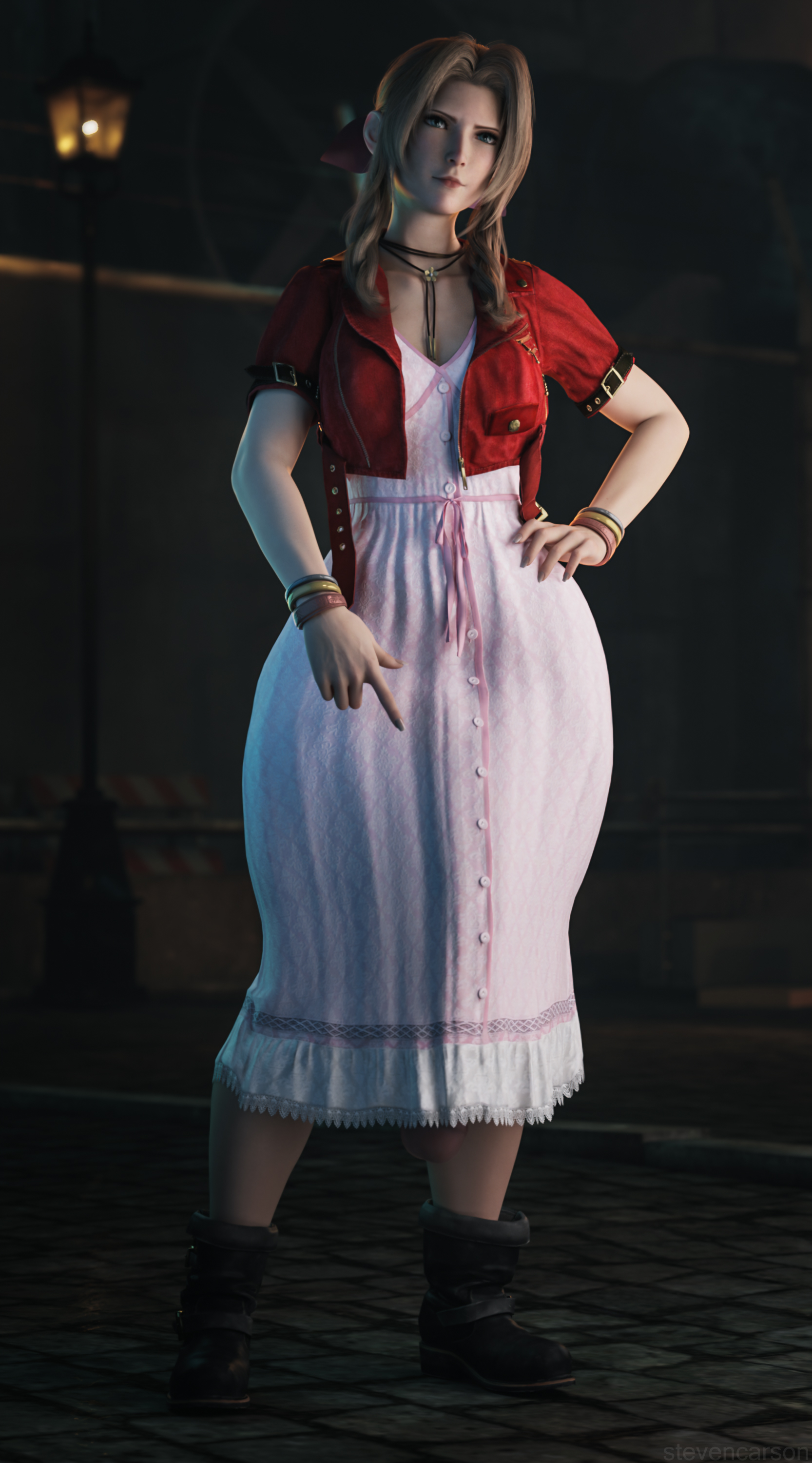 1futa, 3d, aerith gainsborough, bottomless, breasts, brown hair, bulge, bulge through clothing, child bearing hips, clothed, clothes, clothing, final fantasy, final fantasy vii, flaccid, futa only, futanari, highres, huge cock, ineffective clothing, intersex, light skin, light-skinned futa, long penis, peeking out, penis, penis to the knees, penis under clothes, penis under dress, pointing at penis, small breasts, smug, smug grin, solo, stevencarson, wide hips