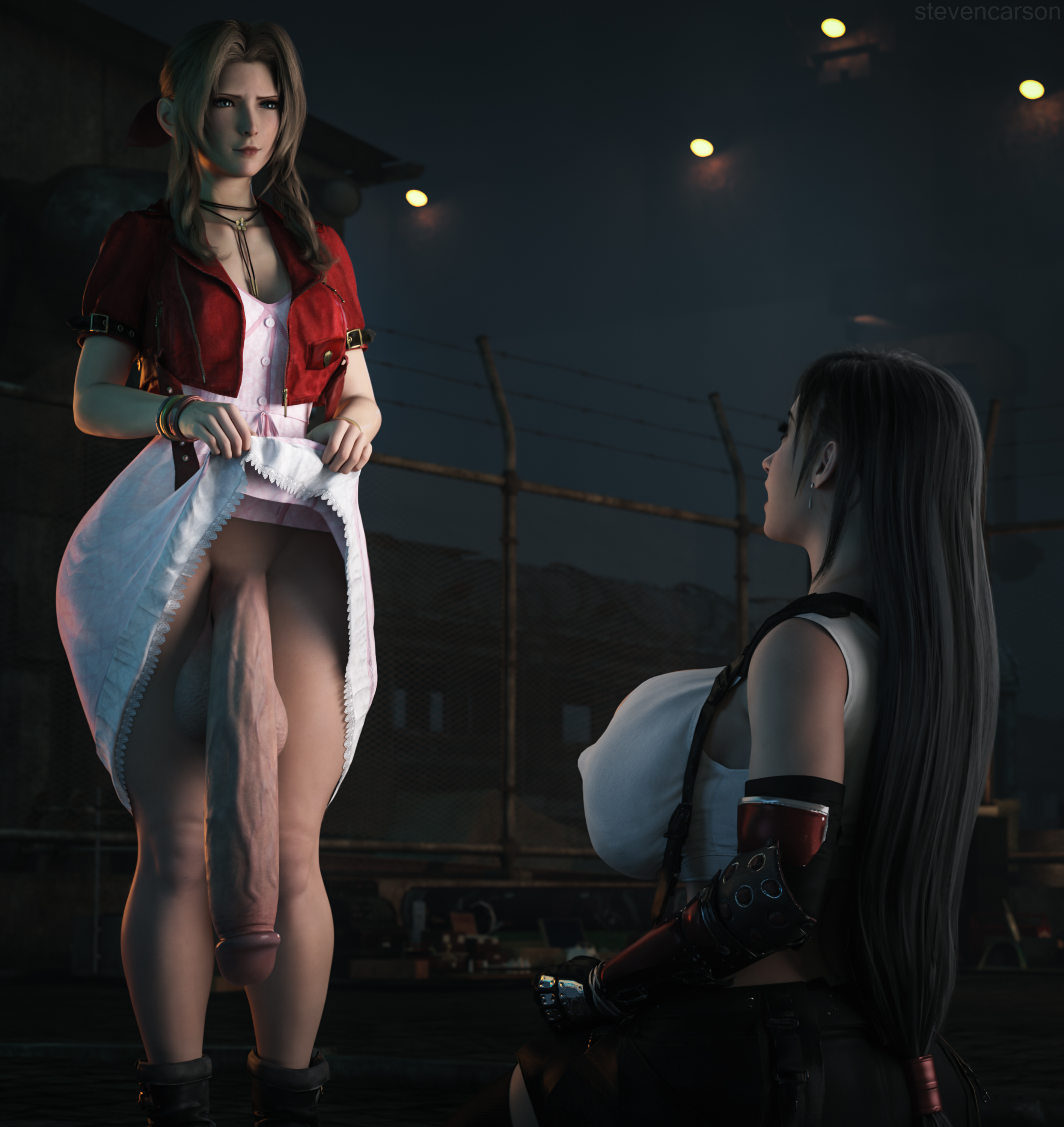 2futas, 3d, aerith gainsborough, asian futa, balls, big balls, black hair, breasts, brown hair, circumcised, clothed, clothing, dangling balls, dangling testicles, dress, dress lift, final fantasy, final fantasy vii, final fantasy vii remake, flaccid, flaccid penis, futa only, futa with futa, futanari, huge cock, intersex, jacket, large penis, larger futa, light skin, light-skinned futa, long penis, low hanging balls, mostly clothed, nipple bulge, nipples, nipples visible through clothing, no panties, on knees, open jacket, penis, penis awe, penis to the knees, red jacket, sagging balls, skirt, skirt lift, small breasts, smug, stevencarson, testicles, tifa lockhart, uneven balls, veiny penis, wide hips